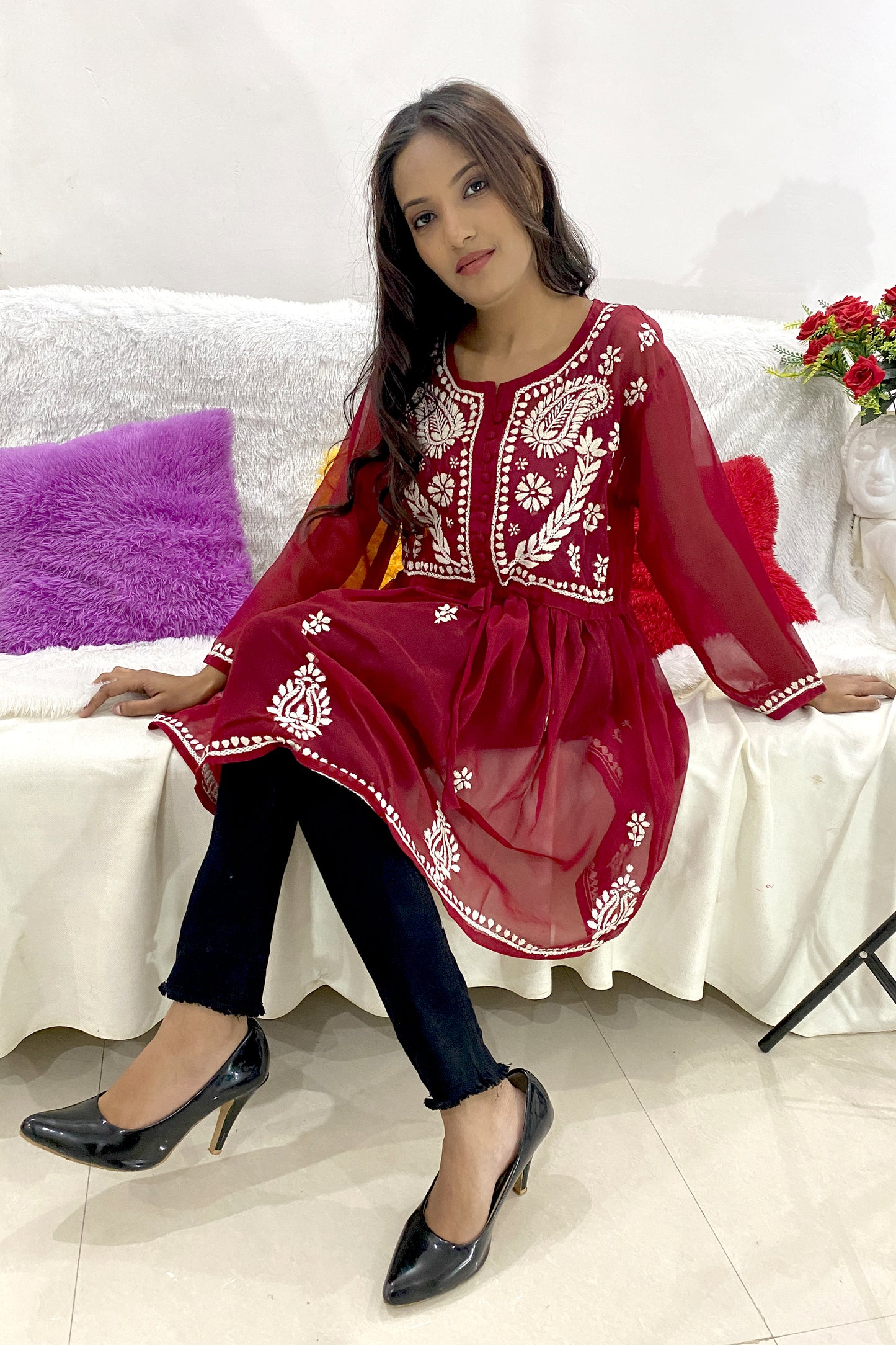 Lucknowi Chikankari Short Gown Frock Style Handwork Kurti By ADR Chikan (COLOR CHART)