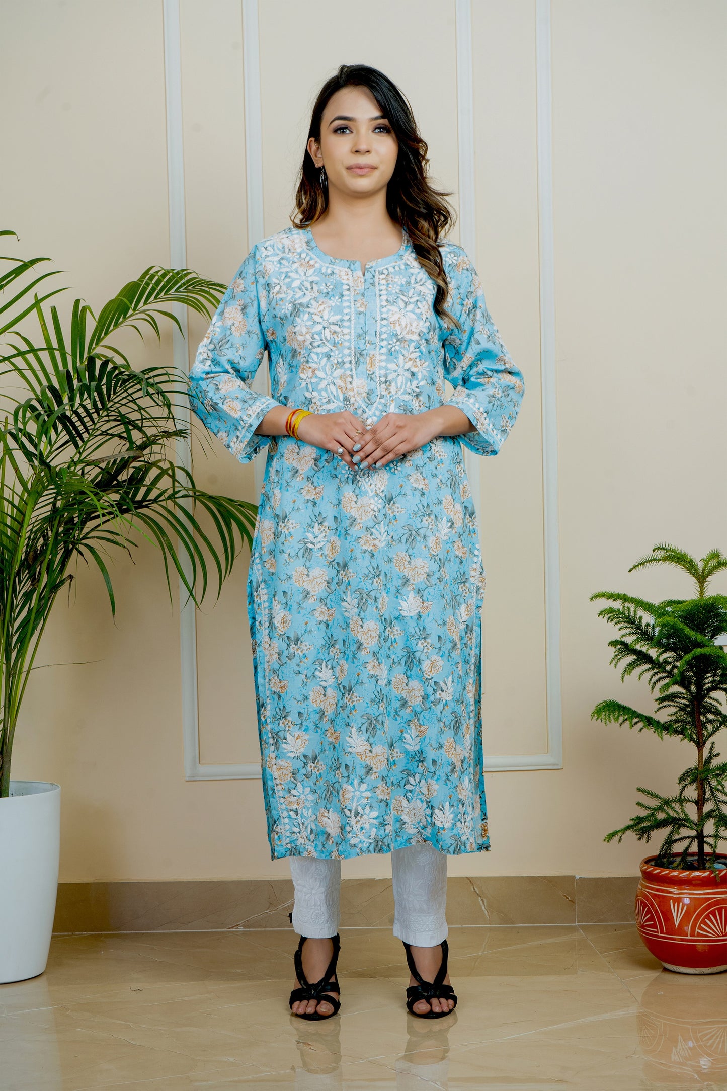 Lucknowi Chikankari Mul Mul Cotton Printed Kurti ADR Chikan (Color Chart)