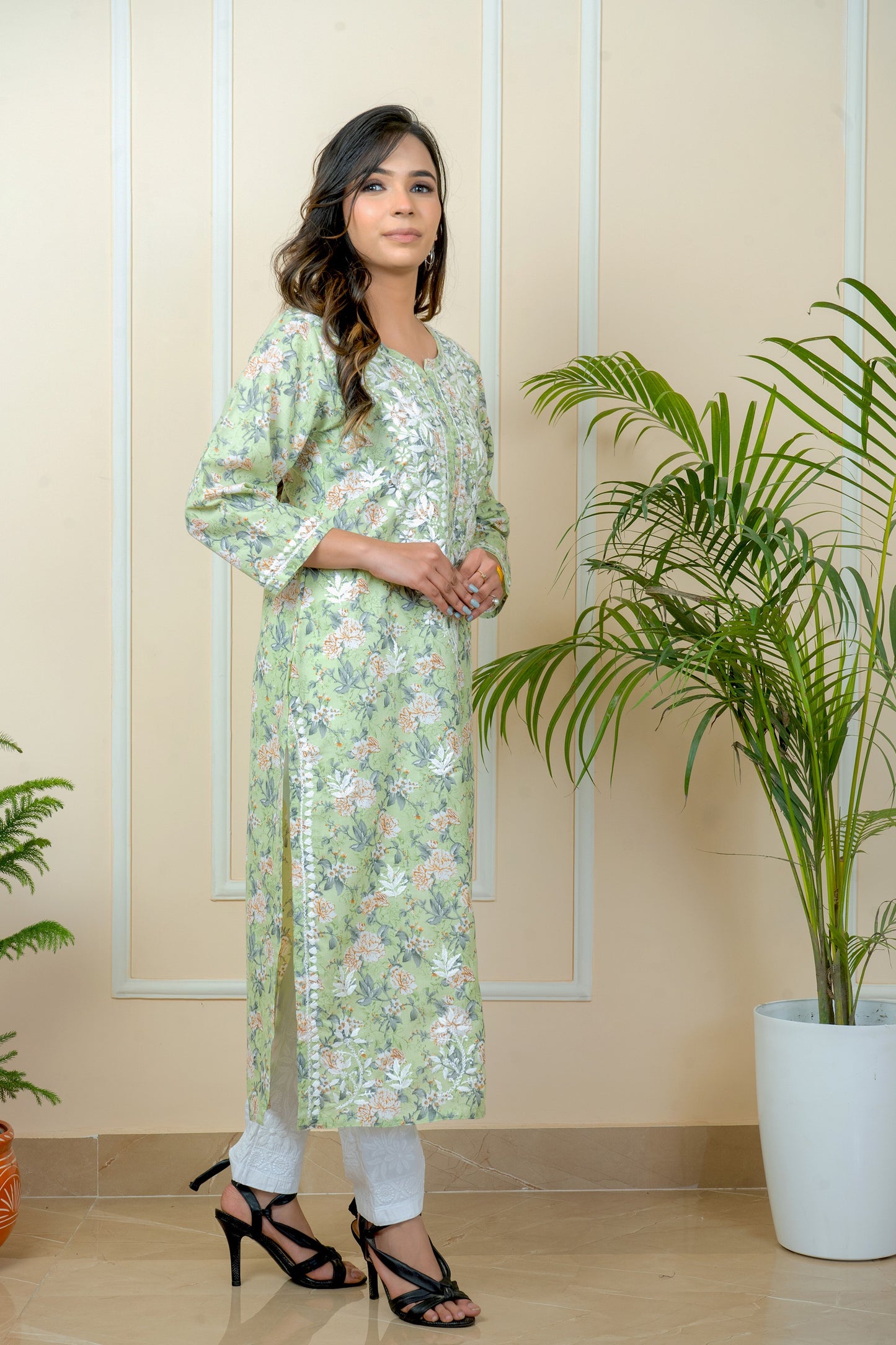 Handwork Chikankari Mul Mul Cotton Printed Kurti with White Pant Set By ADR Chikan (Color Chat)