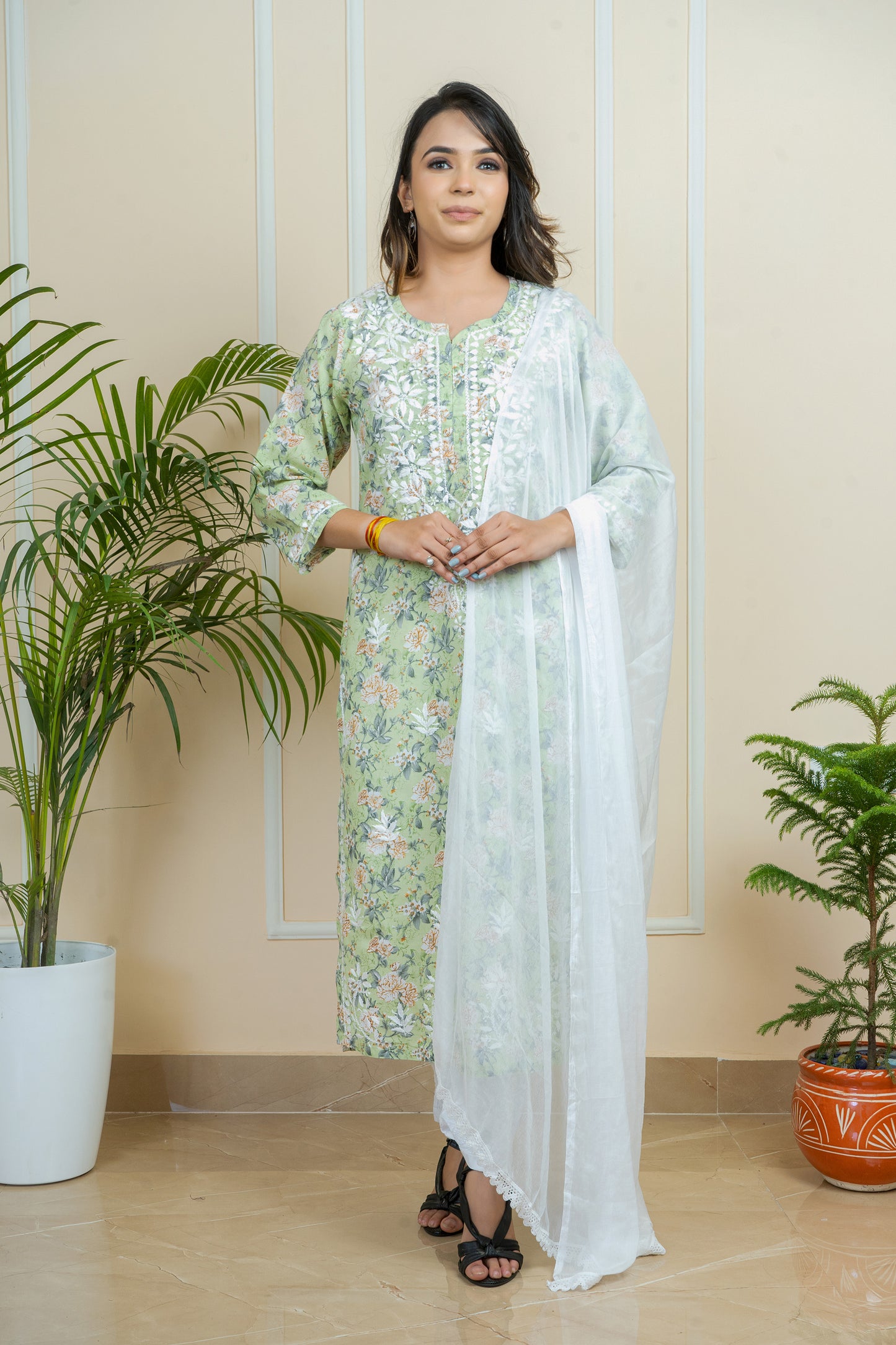 Handwork Chikankari Mul Mul Cotton Printed Kurti with White Pant Set By ADR Chikan (Color Chat)