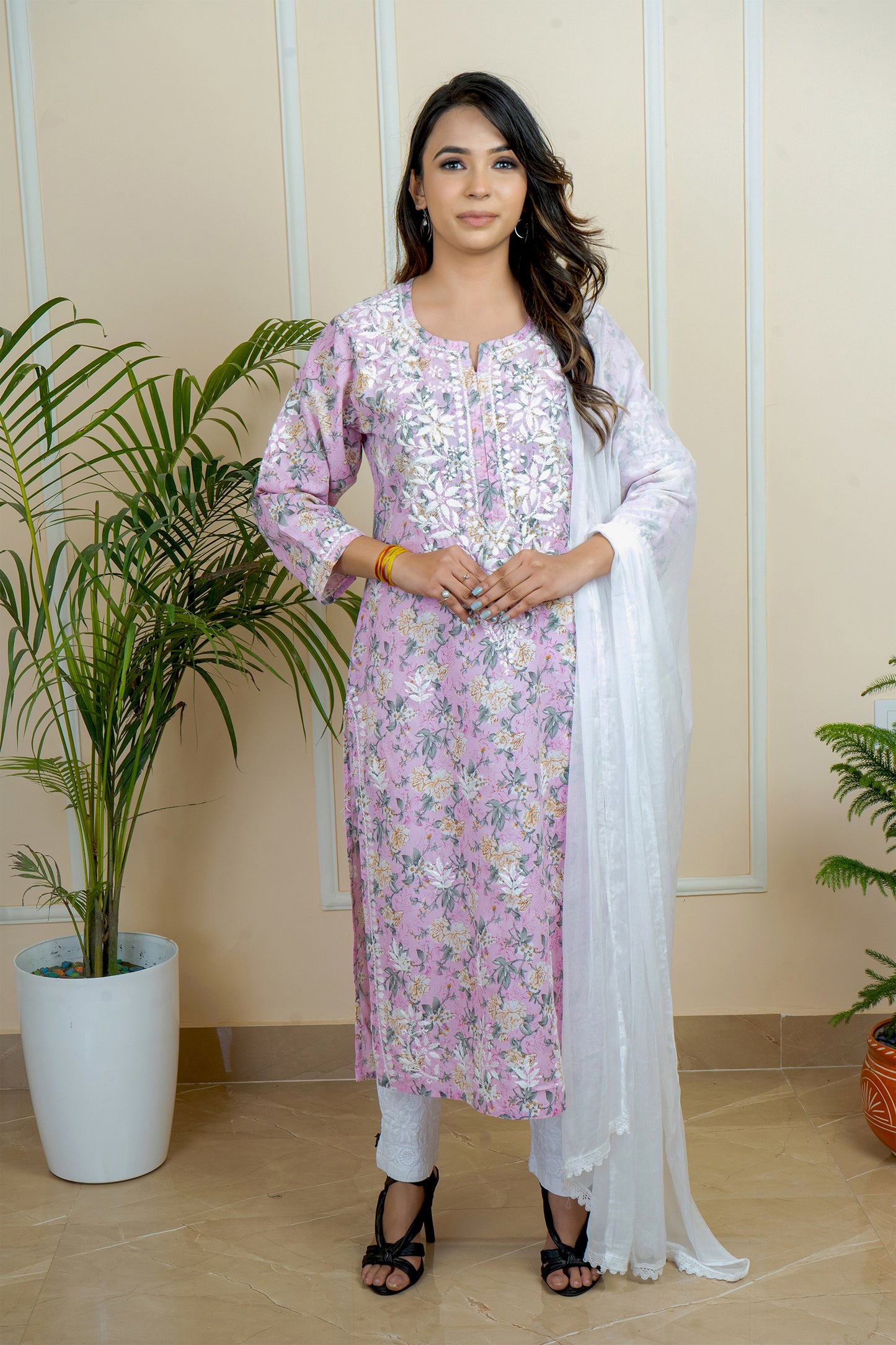 Handwork Chikankari Mul Mul Cotton Printed Kurti with White Pant Set By ADR Chikan (Color Chat)