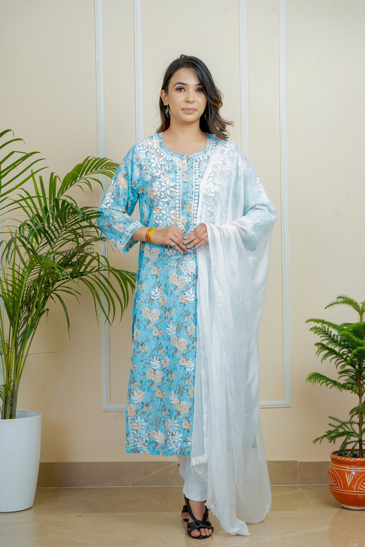 Handwork Chikankari Mul Mul Cotton Printed Kurti with White Pant Set By ADR Chikan (Color Chat)