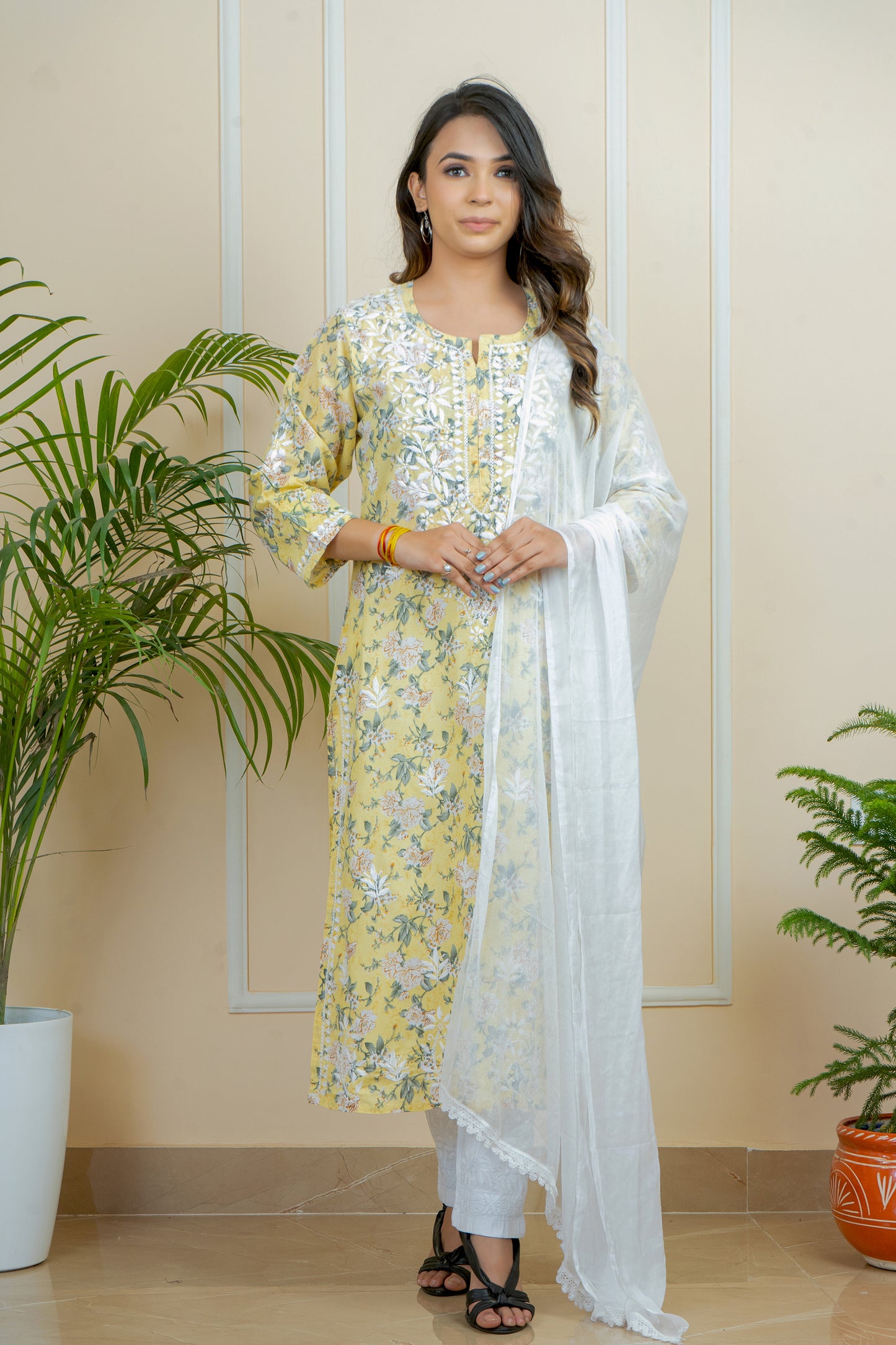 Handwork Chikankari Mul Mul Cotton Printed Kurti with White Pant Set By ADR Chikan (Color Chat)