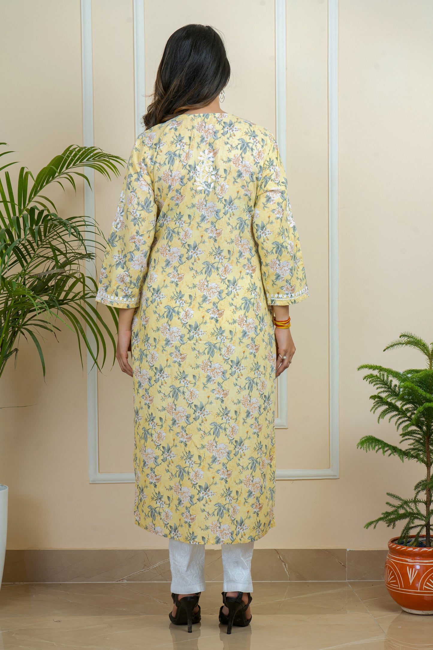 Handwork Chikankari Mul Mul Cotton Printed Kurti with White Pant Set By ADR Chikan (Color Chat)