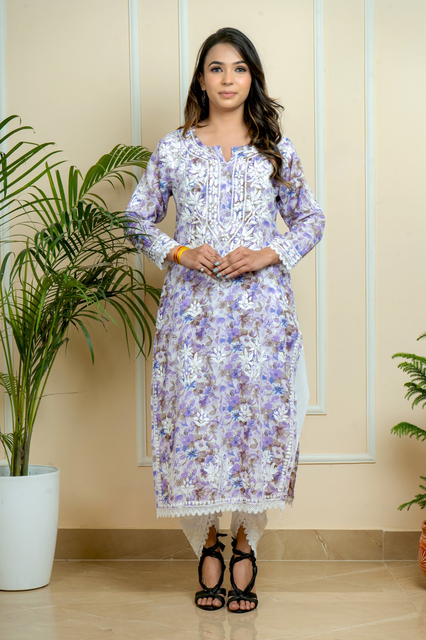ADR Chikan Hand-Embroidered Mul Mul Cotton Flower Printed with Attach Lace Kurti (COLOR CHART)