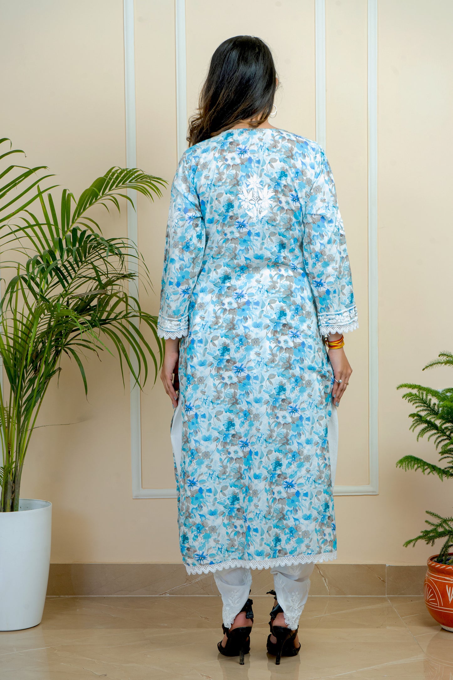 ADR Chikan Hand-Embroidered Mul Mul Cotton Flower Printed with Attach Lace Kurti (COLOR CHART)