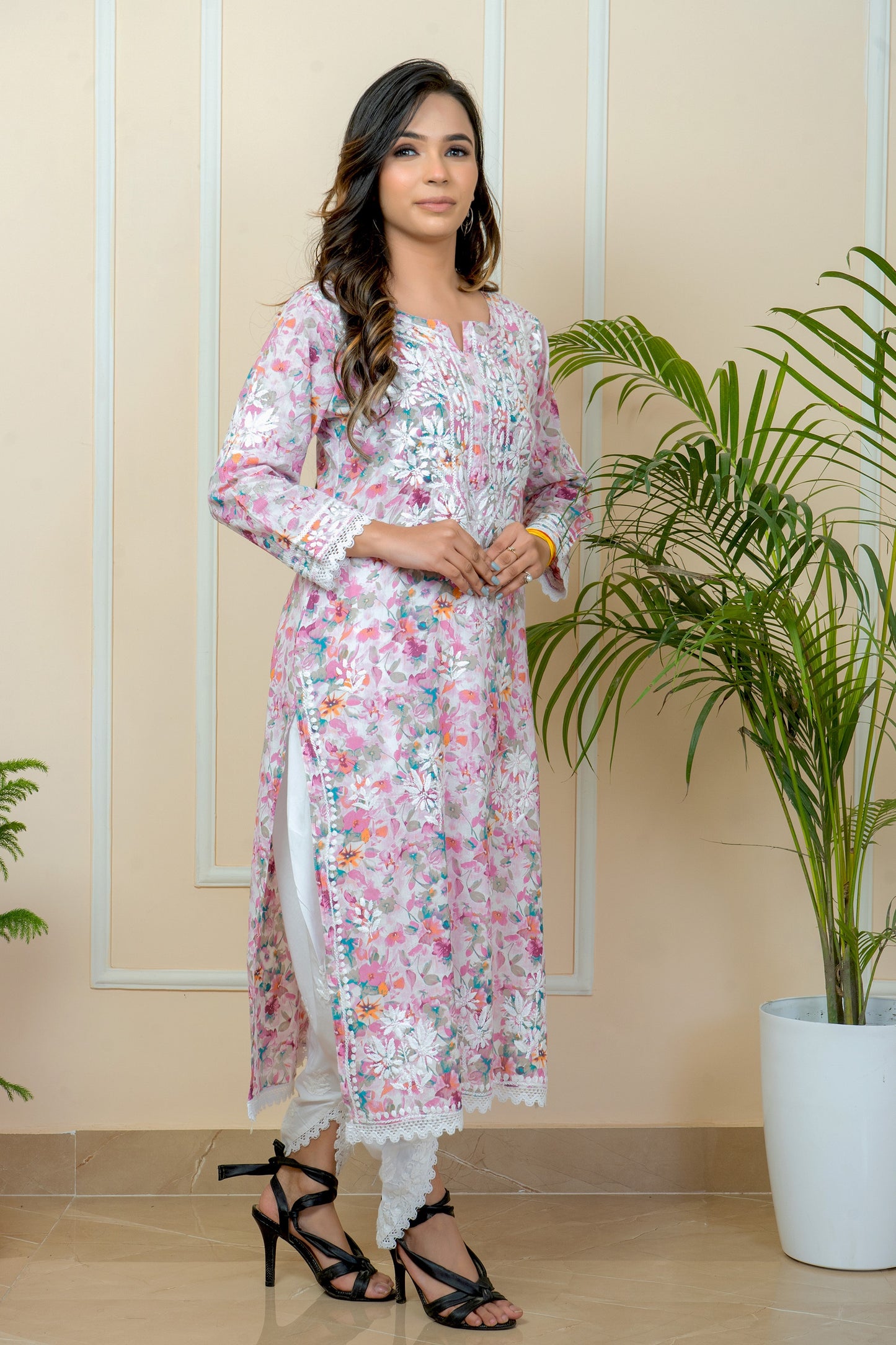 ADR Chikan Hand-Embroidered Mul Mul Cotton Flower Printed with Attach Lace Kurti (COLOR CHART)