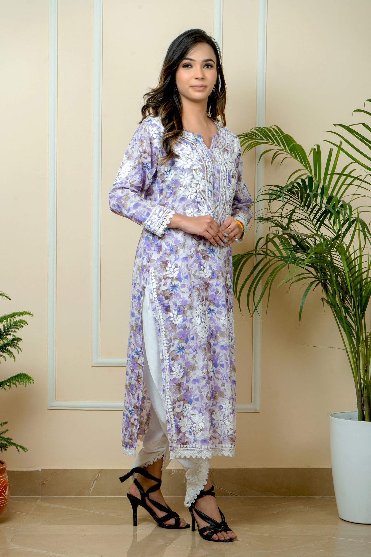 ADR Chikan Hand-Embroidered Mul Mul Cotton Flower Printed with Attach Lace Kurti (COLOR CHART)