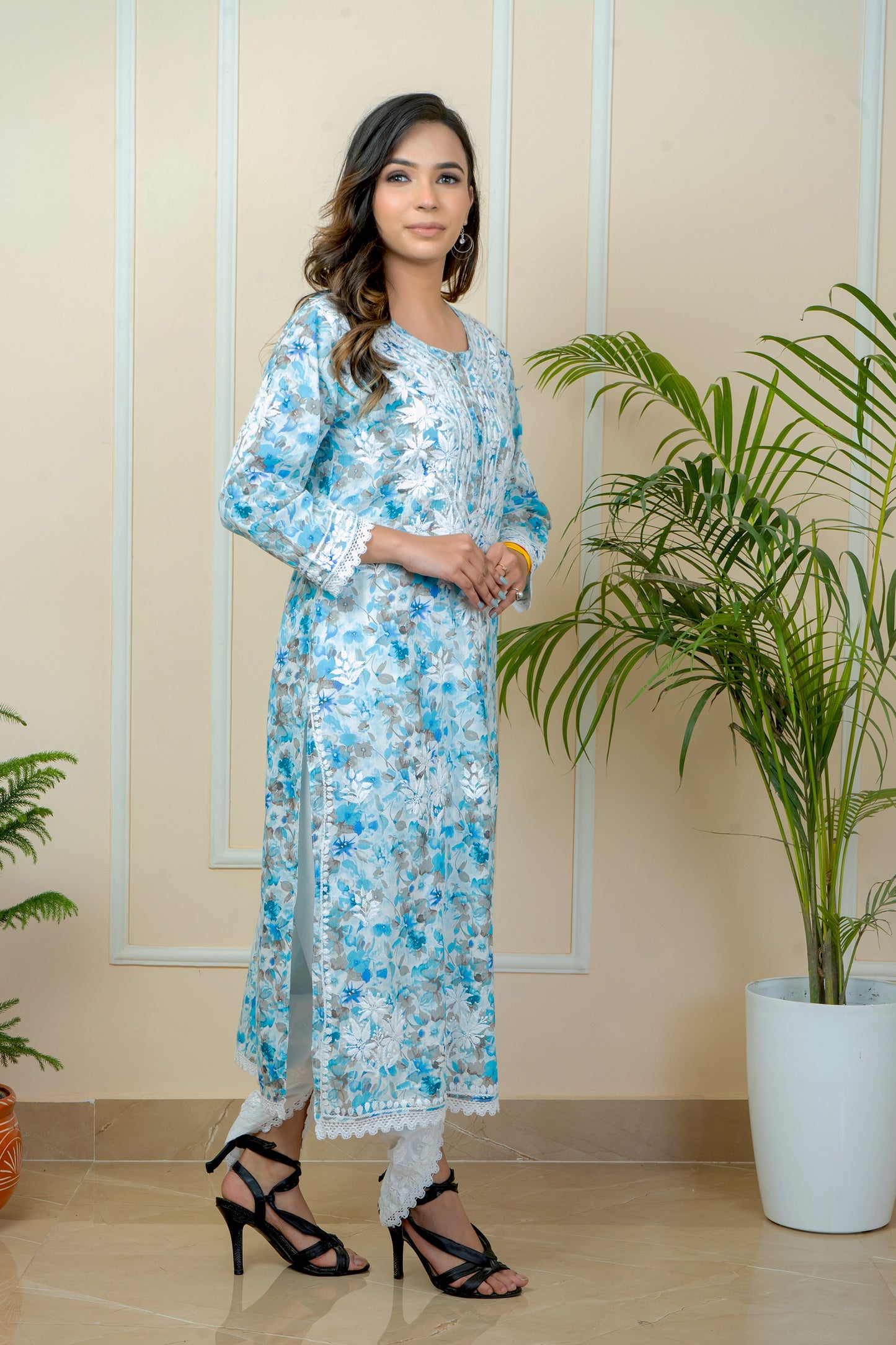ADR Chikan Hand-Embroidered Mul Mul Cotton Flower Printed with Attach Lace Kurti (COLOR CHART)