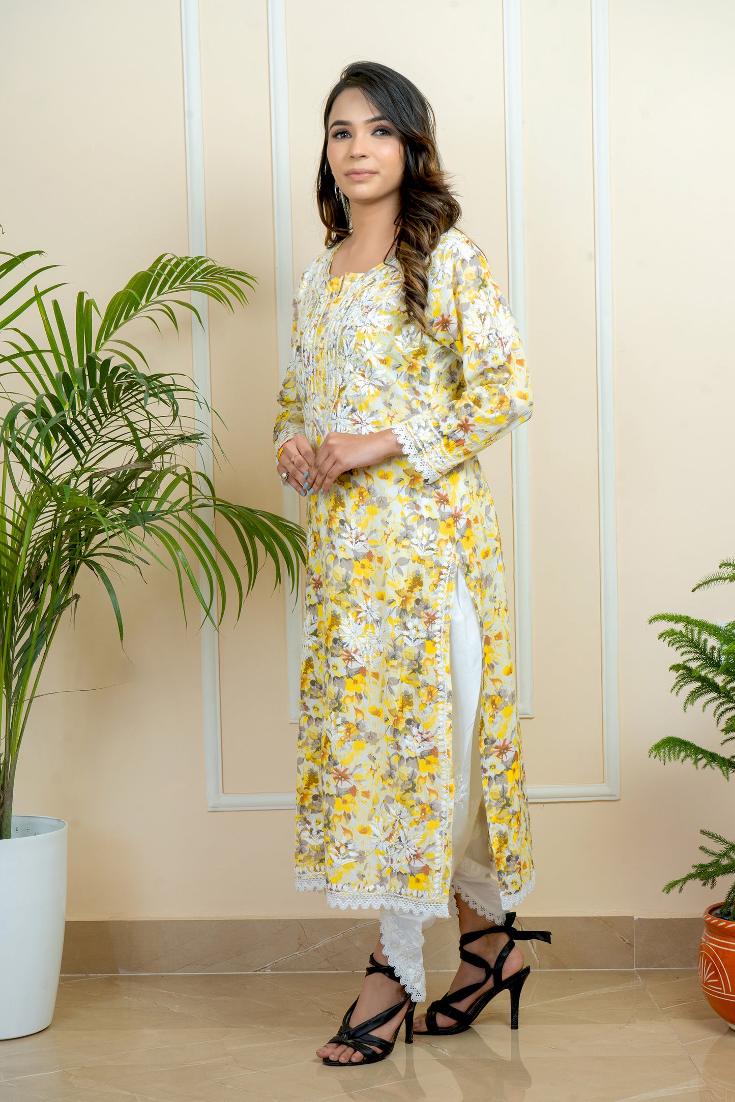 ADR Chikan Hand-Embroidered Mul Mul Cotton Flower Printed with Attach Lace Kurti (Color Chart)
