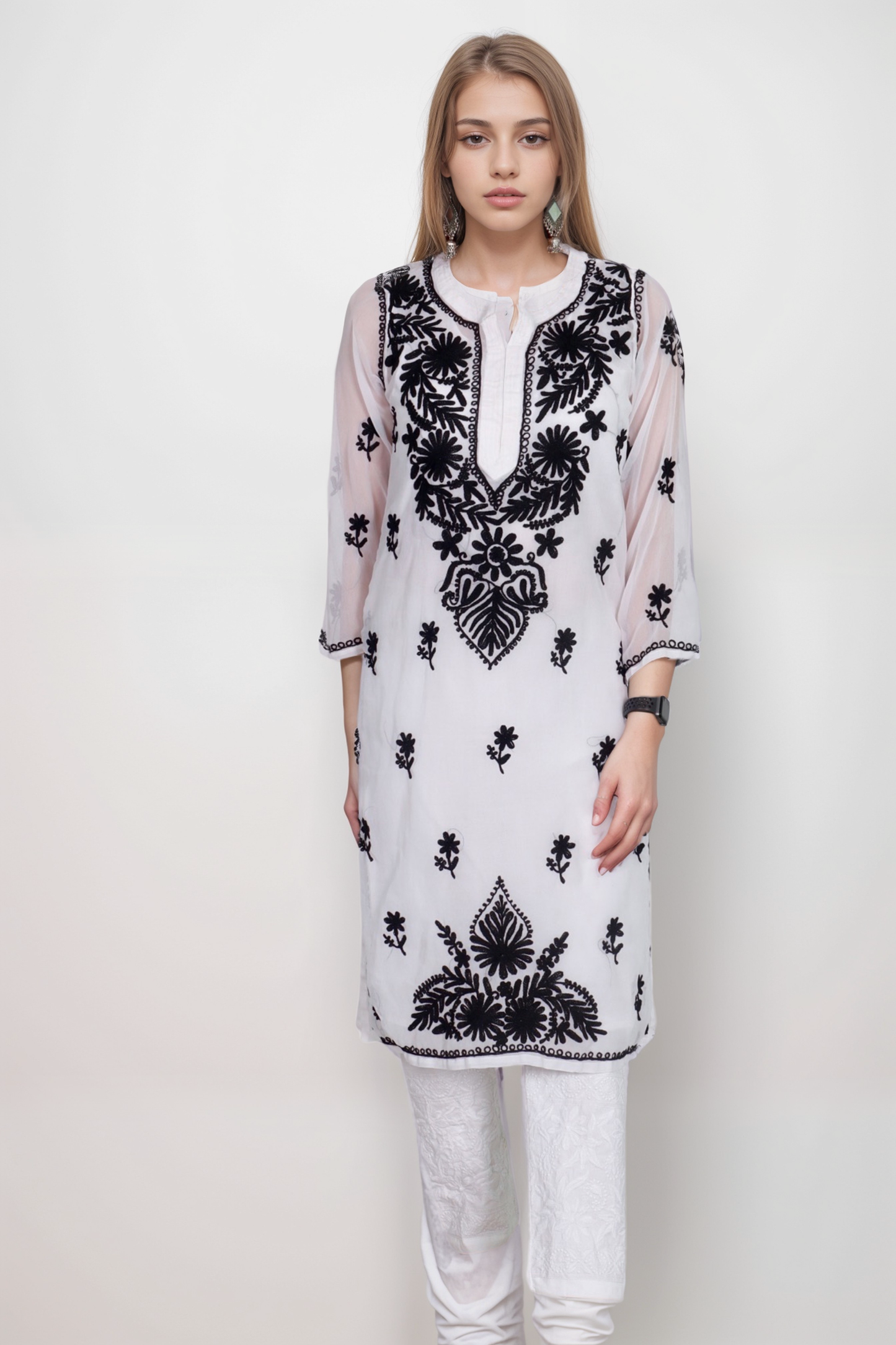 Kashmiri Work Georgette Chikankari Kurta with Lining & Lycra Cotton Stretchable Pant Set | ADR Chikan
