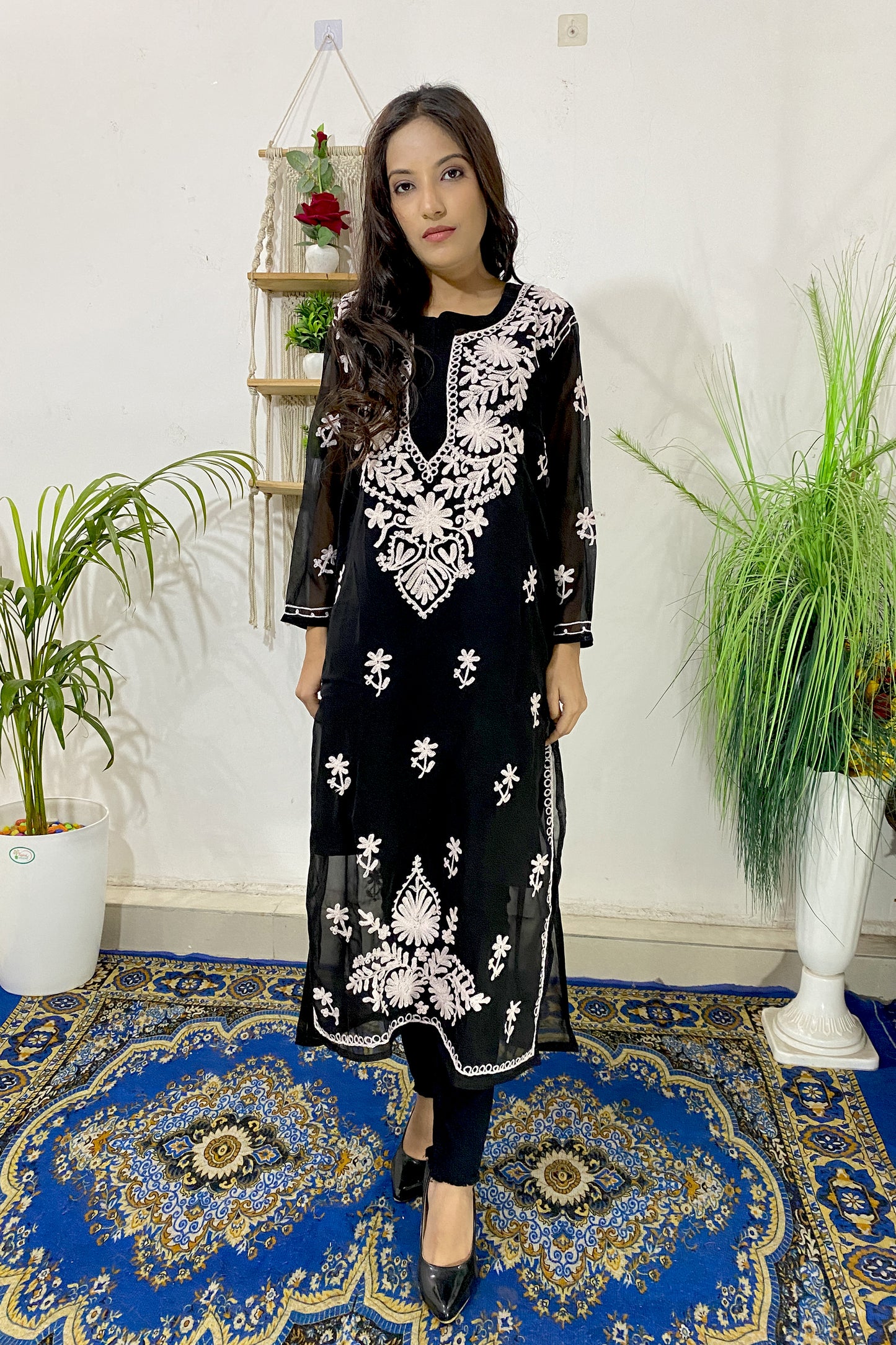 Summer Celebrity Collection Kashmiri Work Georgette Chikankari Long Kurta with Lining | ADR Chikan