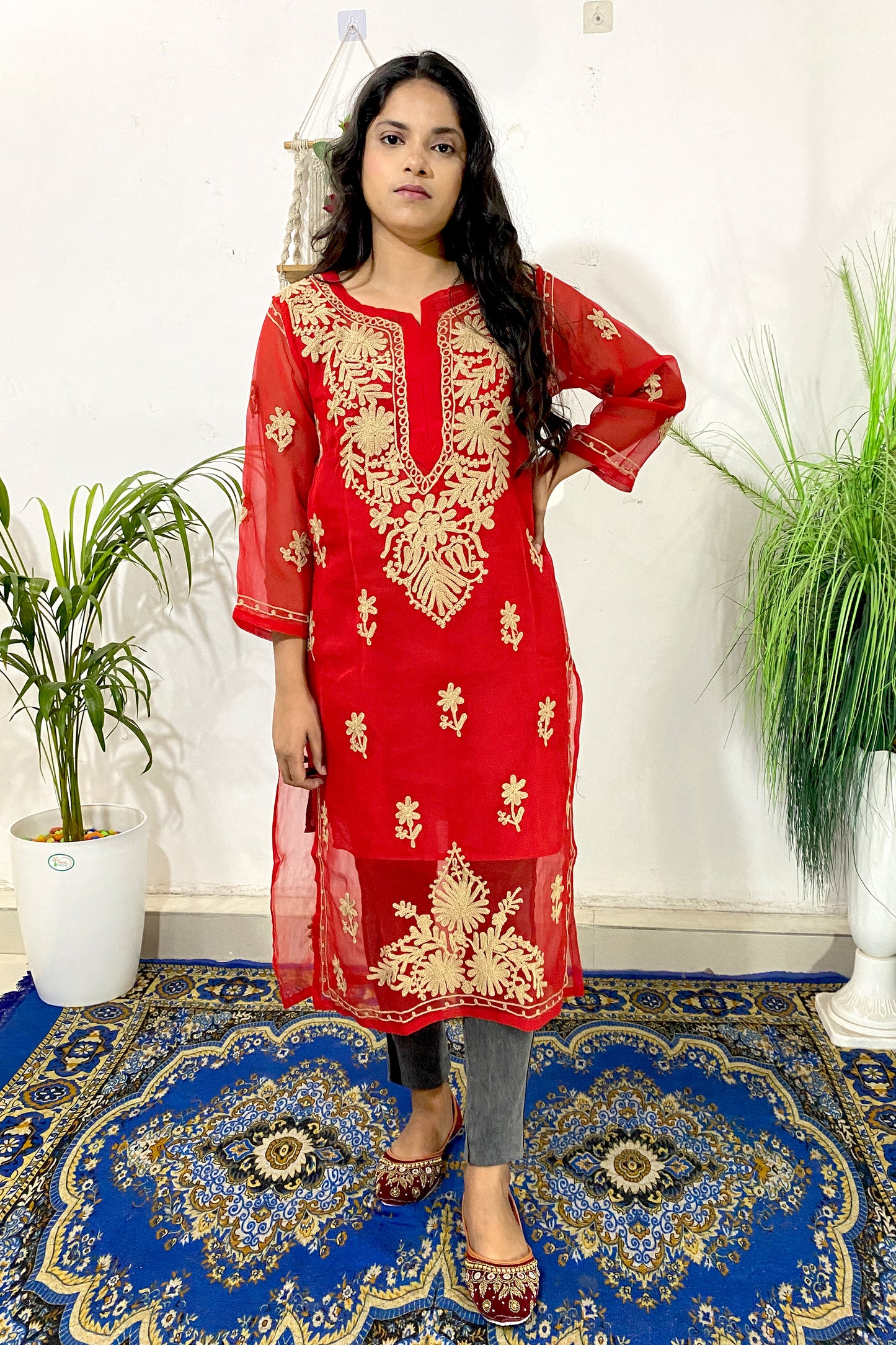 Summer Celebrity Collection Kashmiri Work Georgette Chikankari Long Kurta with Lining | ADR Chikan