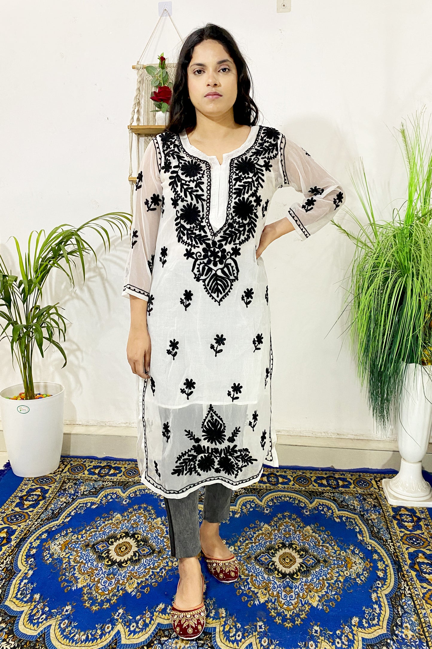 Summer Celebrity Collection Kashmiri Work Georgette Chikankari Long Kurta with Lining | ADR Chikan