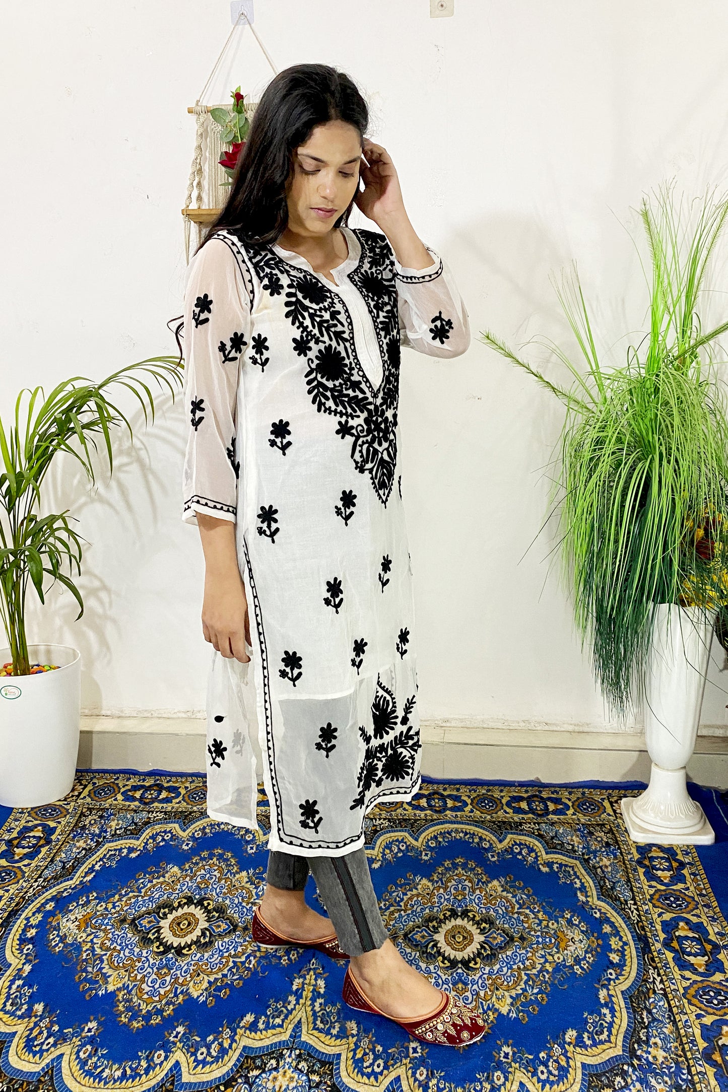 Summer Celebrity Collection Kashmiri Work Georgette Chikankari Long Kurta with Lining | ADR Chikan