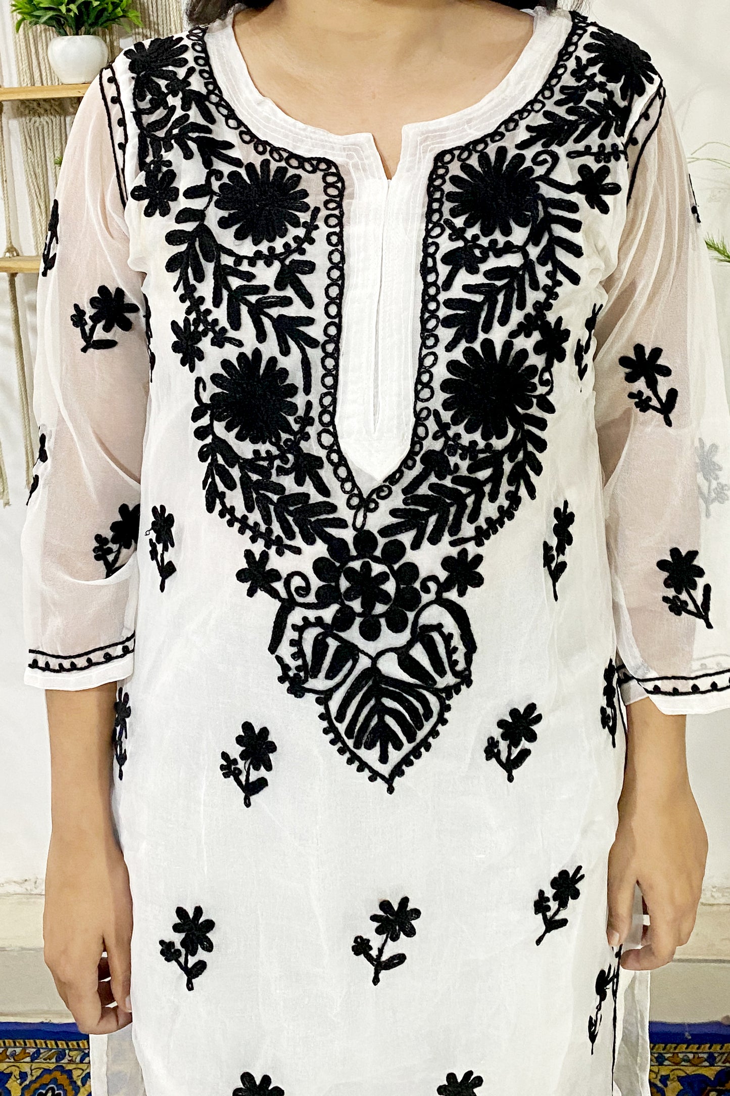 Summer Celebrity Collection Kashmiri Work Georgette Chikankari Long Kurta with Lining | ADR Chikan