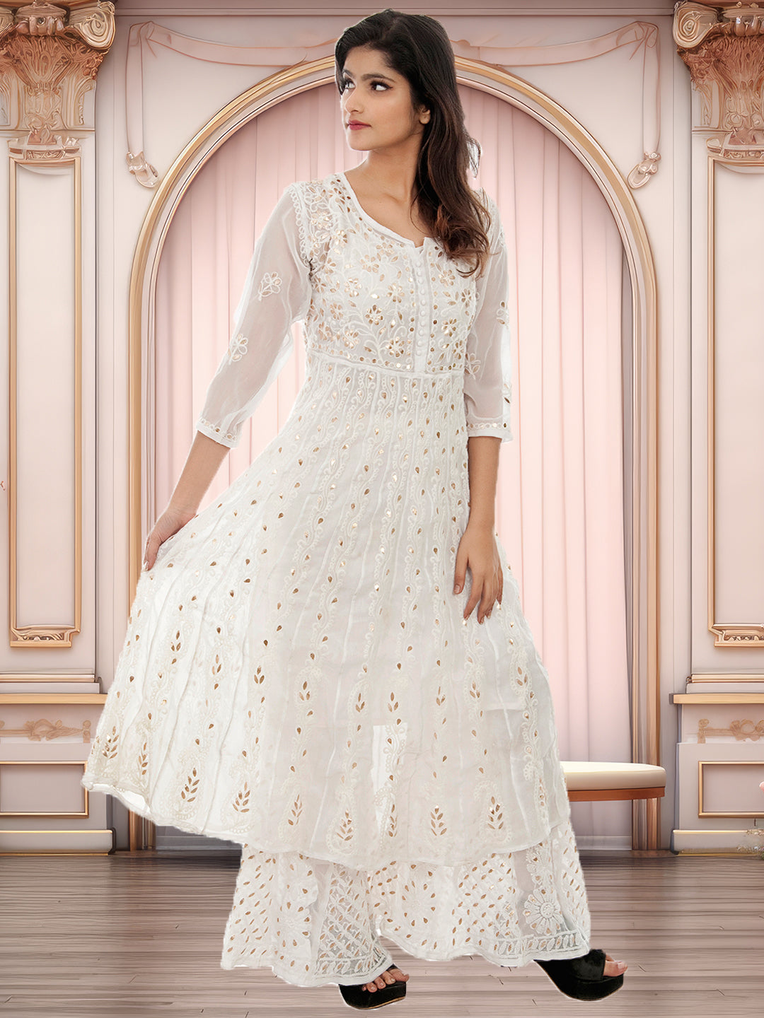 Lucknowi Chikankari Gota Patti Work Anarkali Gown with Gota Patti Sharara Set | ADR Chikan