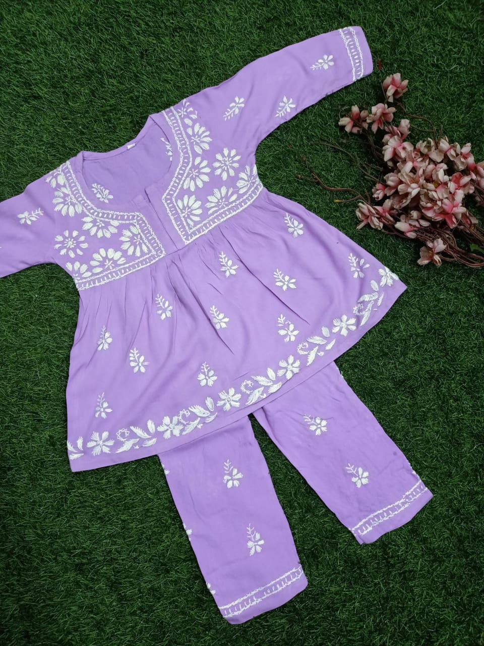 ADR Chikan Lucknowi Chikankari Kids Kurti with Plazzo Set