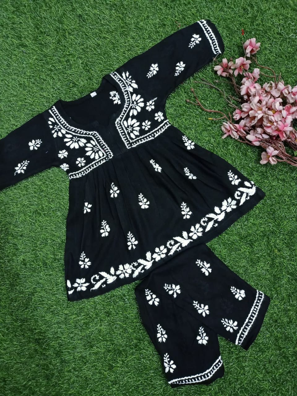 ADR Chikan Lucknowi Chikankari Kids Black Kurti with Plazzo Set
