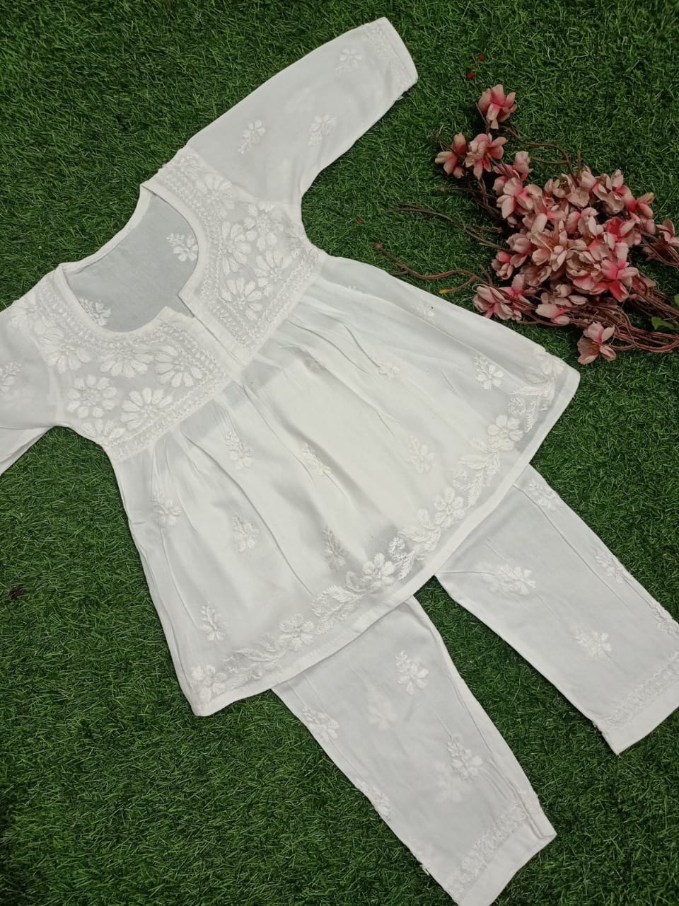 ADR Chikan Lucknowi Chikankari White Kids Kurti with Plazzo Set