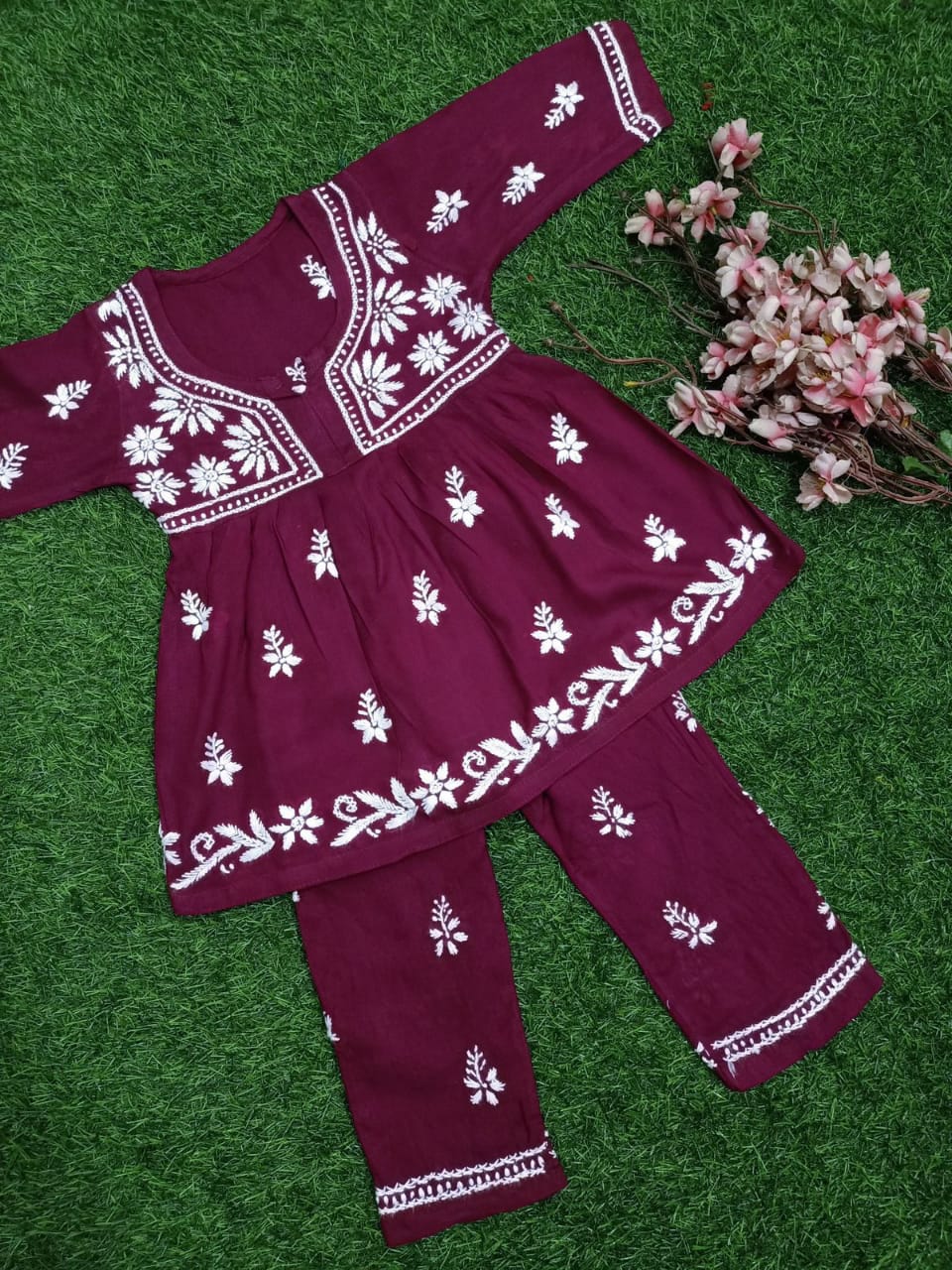 ADR Chikan Lucknowi Chikankari Kids Kurti with Plazzo Set | Handcrafted Embroidered Ethnic Wear for Girls | Comfortable & Stylish Traditional Outfit