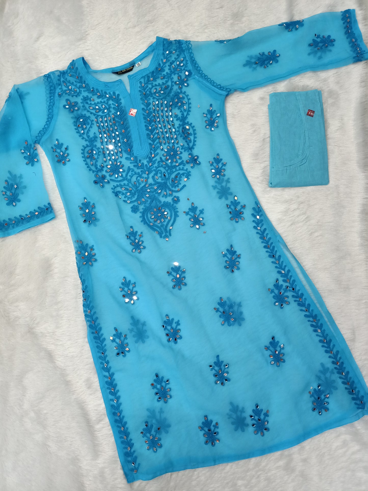 "ADR CHIKAN Aradhana Real Mirror Work Aari Chikankari Long Kurta with Matching Camisole (Color Chart Available)"