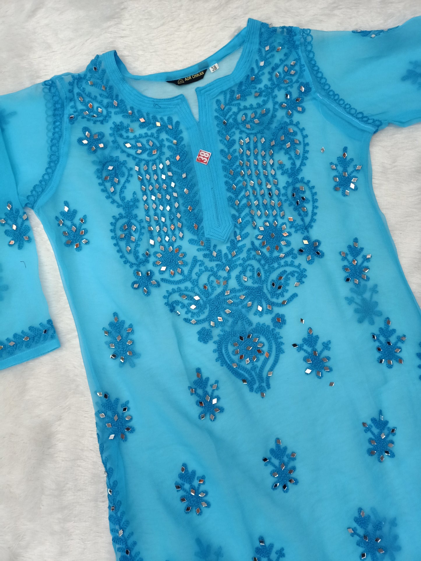 "ADR CHIKAN Aradhana Real Mirror Work Aari Chikankari Levendra Color Long Kurta with Matching Camisole (Inner)"