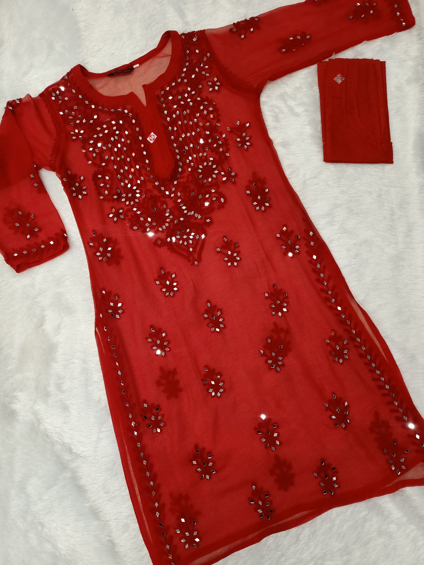 "ADR CHIKAN Aradhana Real Mirror Work Aari Chikankari Levendra Color Long Kurta with Matching Camisole (Inner)"