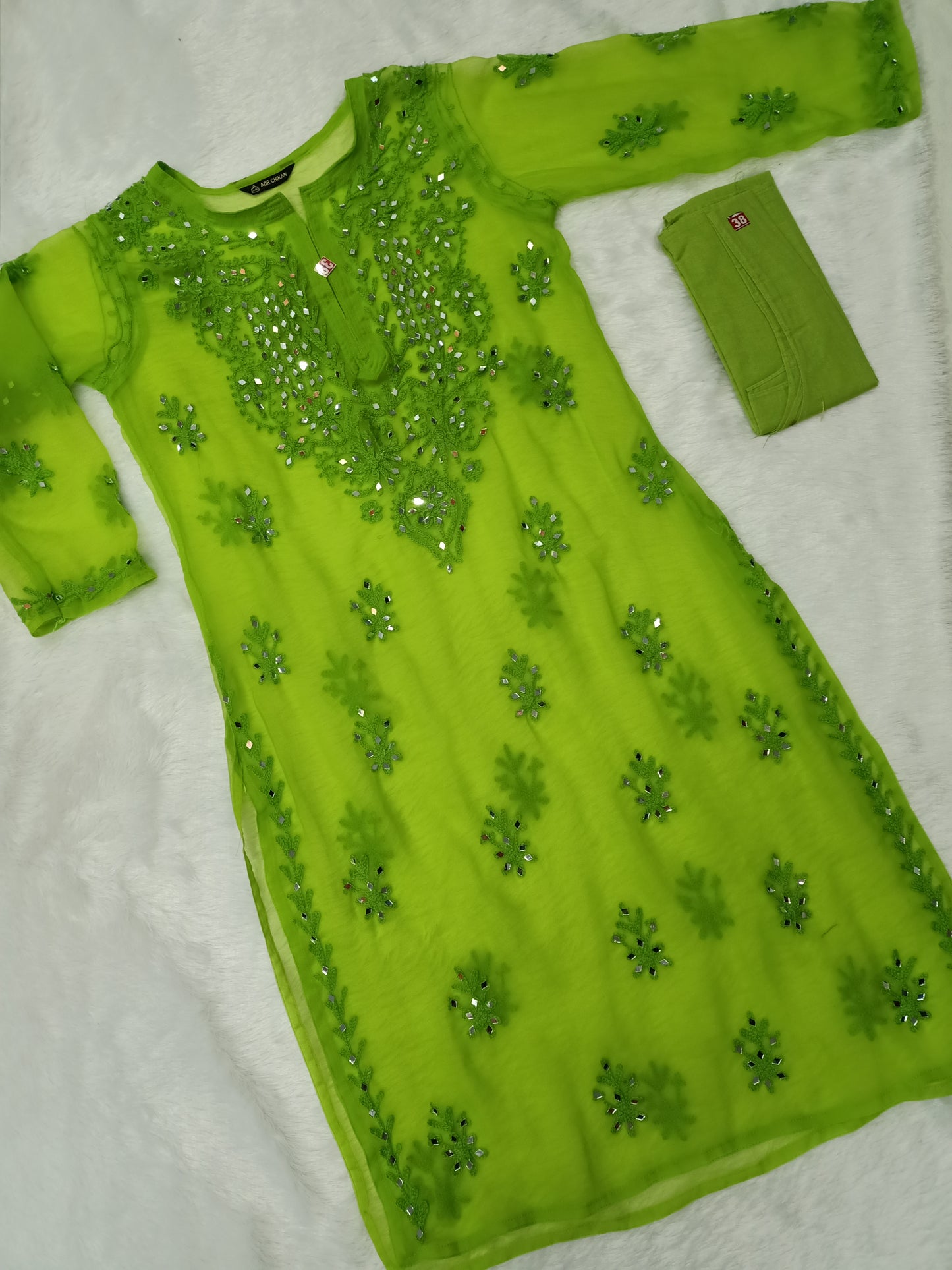 "ADR CHIKAN Aradhana Real Mirror Work Aari Chikankari Levendra Color Long Kurta with Matching Camisole (Inner)"
