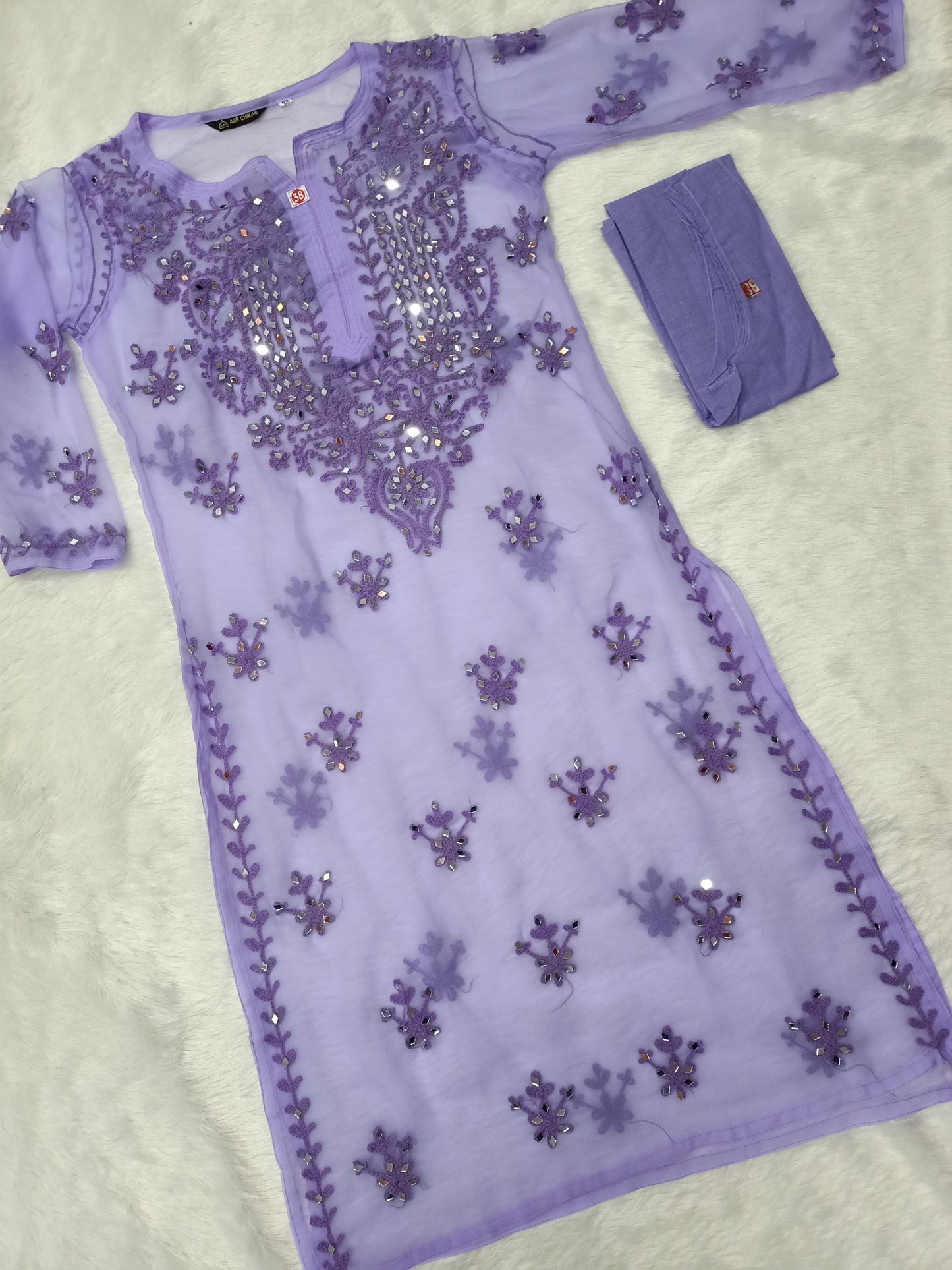 "ADR CHIKAN Aradhana Real Mirror Work Aari Chikankari Long Kurta with Matching Camisole (Color Chart Available)"