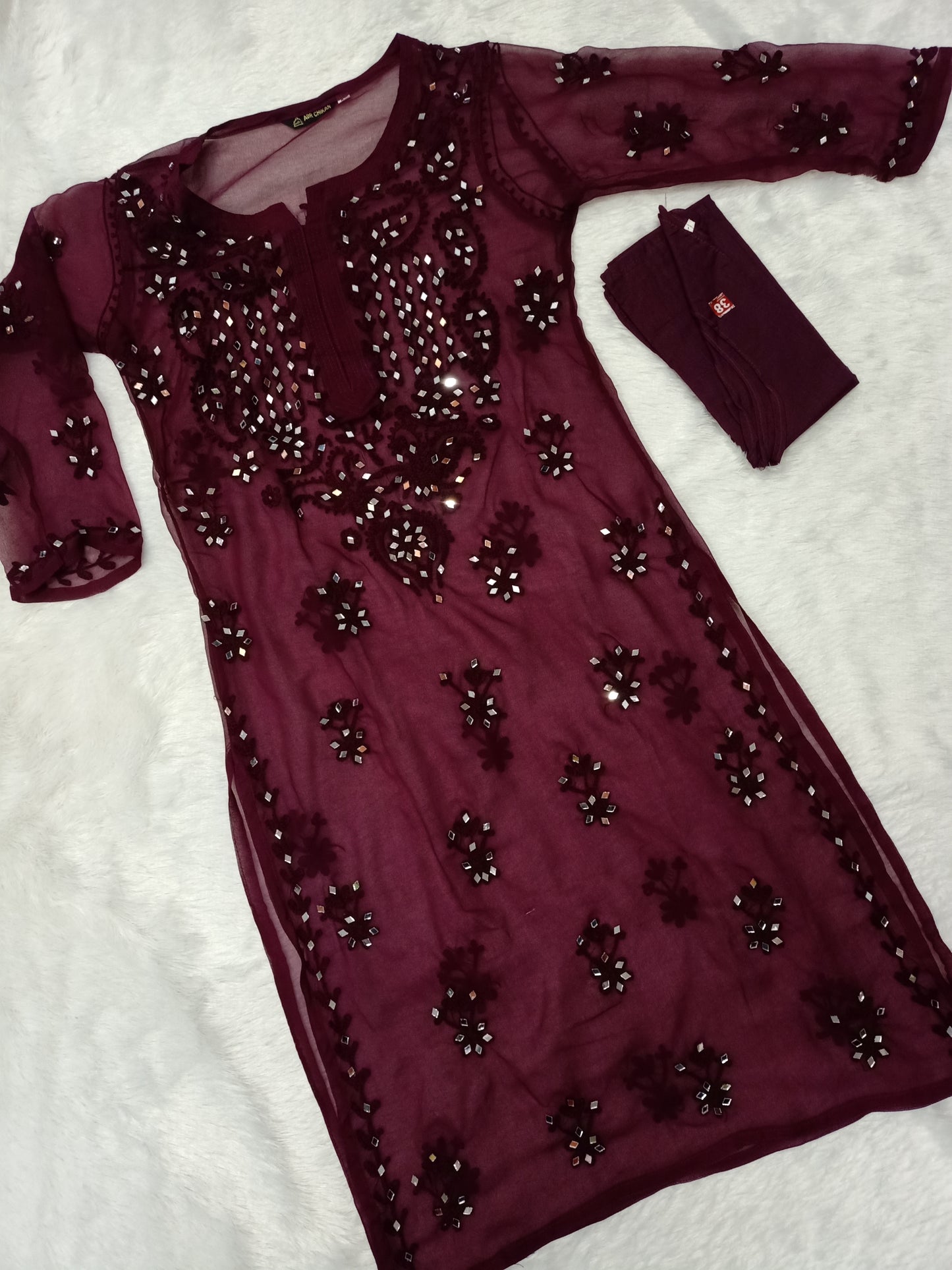 "ADR CHIKAN Aradhana Real Mirror Work Aari Chikankari Levendra Color Long Kurta with Matching Camisole (Inner)"