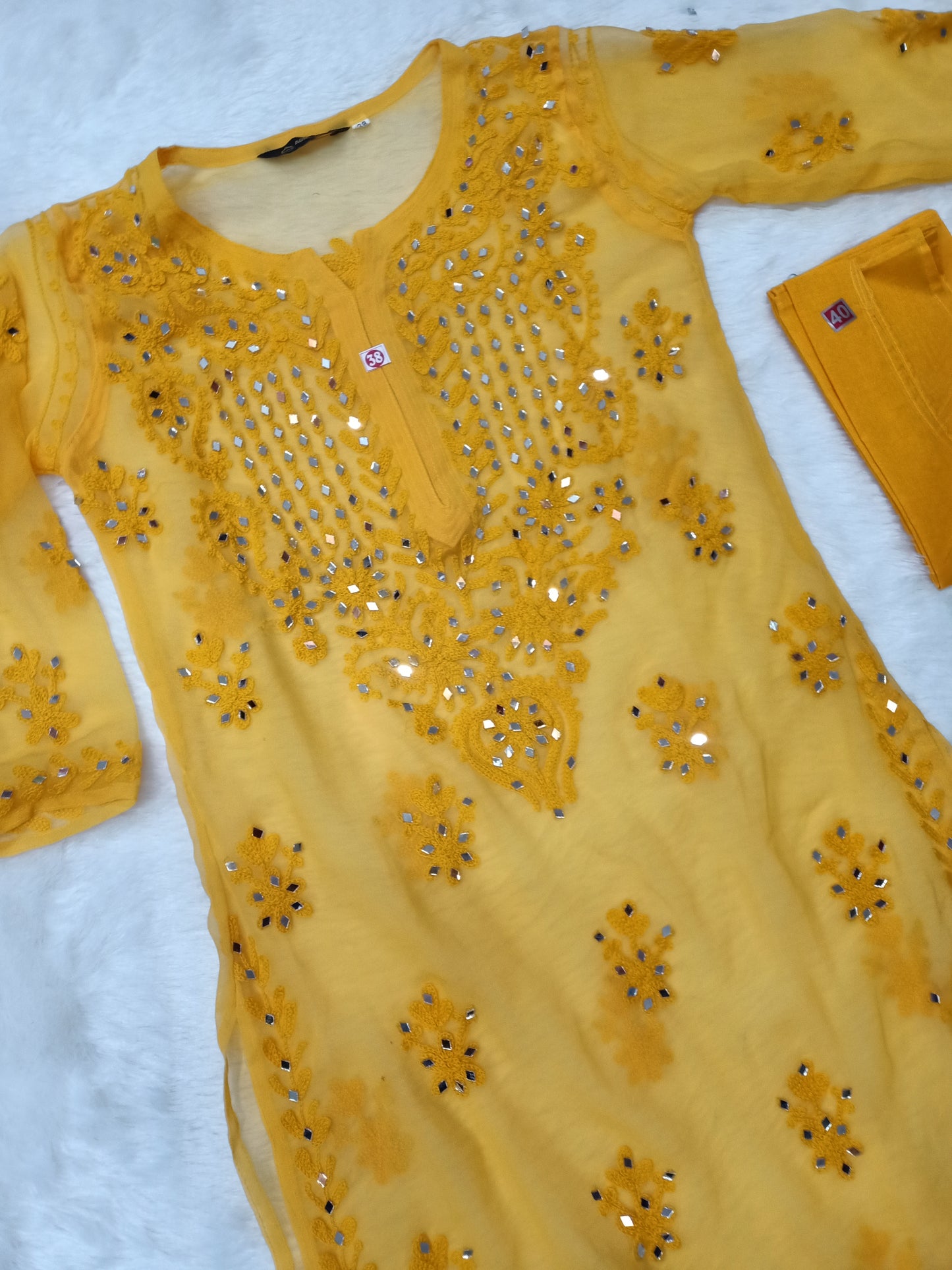 "ADR CHIKAN Aradhana Real Mirror Work Aari Chikankari Long Kurta with Matching Camisole (Color Chart Available)"