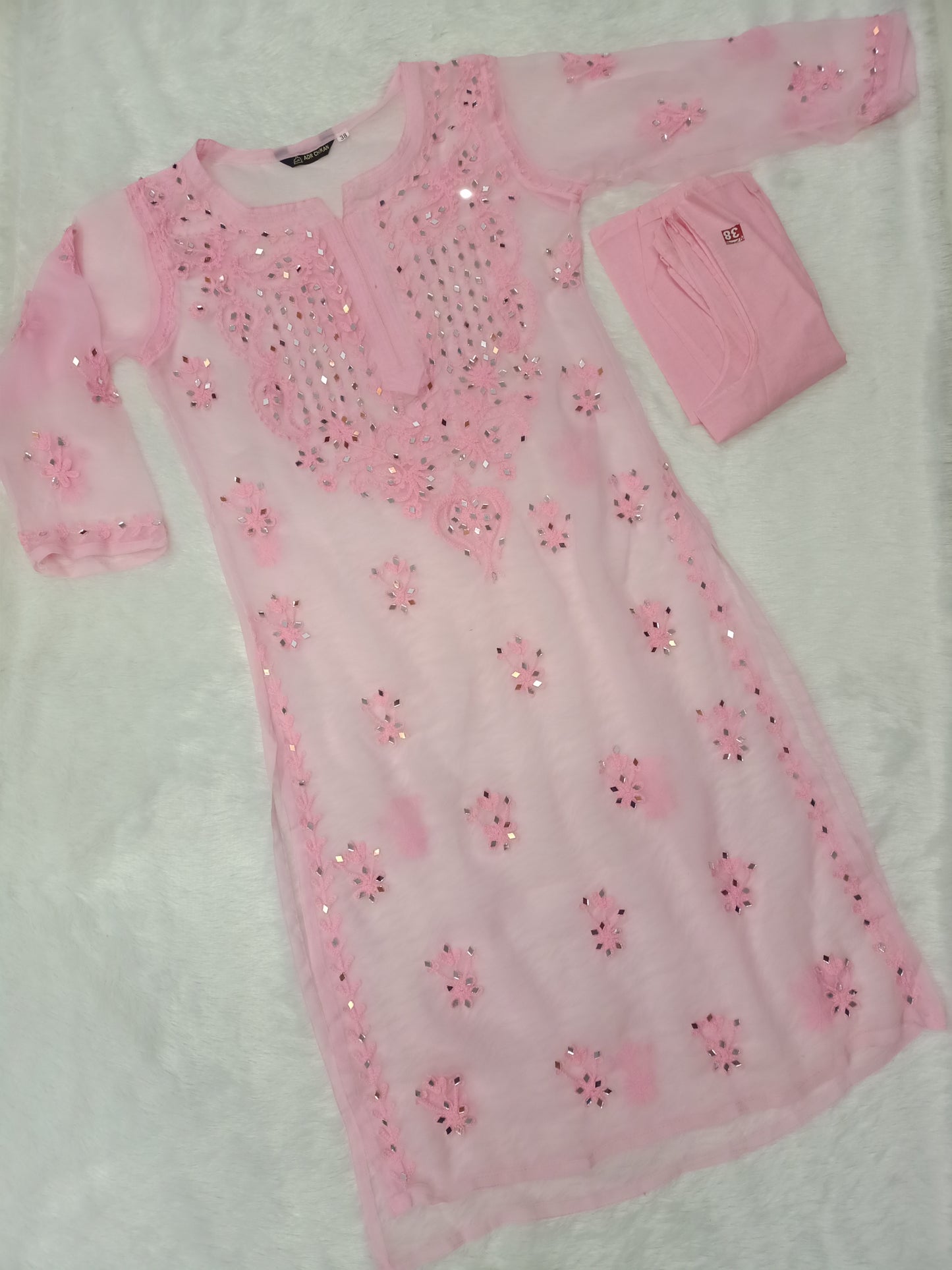 "ADR CHIKAN Aradhana Real Mirror Work Aari Chikankari Long Kurta with Matching Camisole (Color Chart Available)"