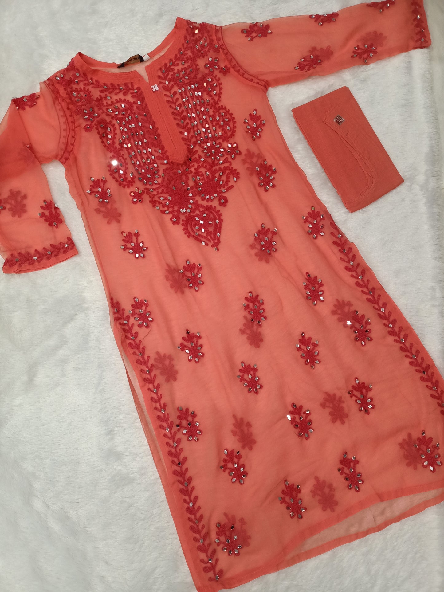 "ADR CHIKAN Aradhana Real Mirror Work Aari Chikankari Long Kurta with Matching Camisole (Color Chart Available)"