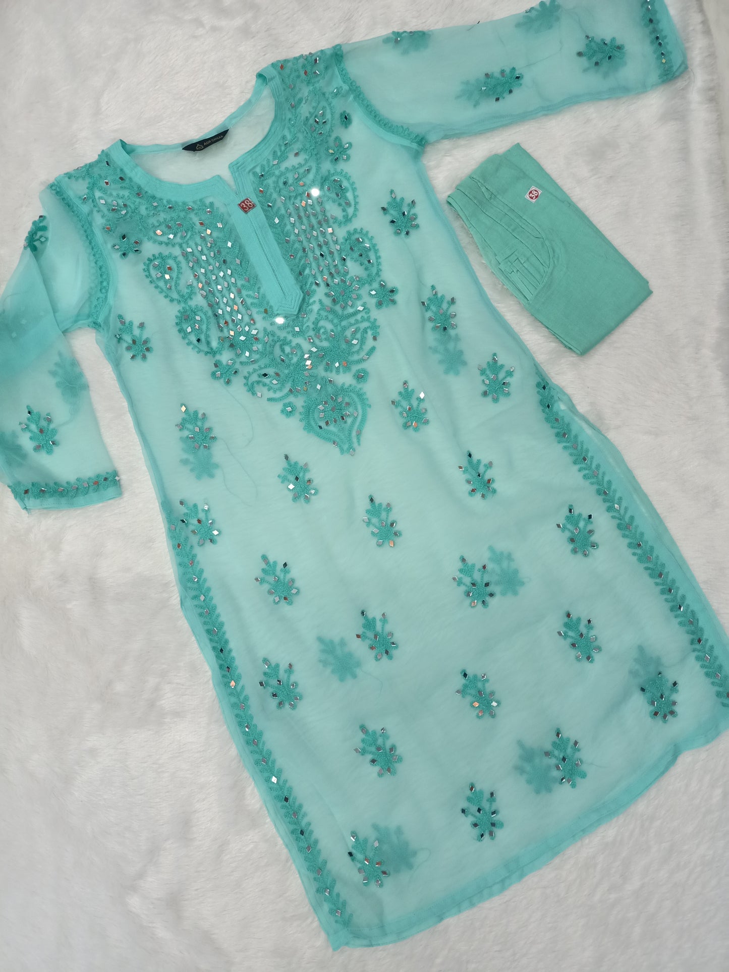 "ADR CHIKAN Aradhana Real Mirror Work Aari Chikankari Levendra Color Long Kurta with Matching Camisole (Inner)"