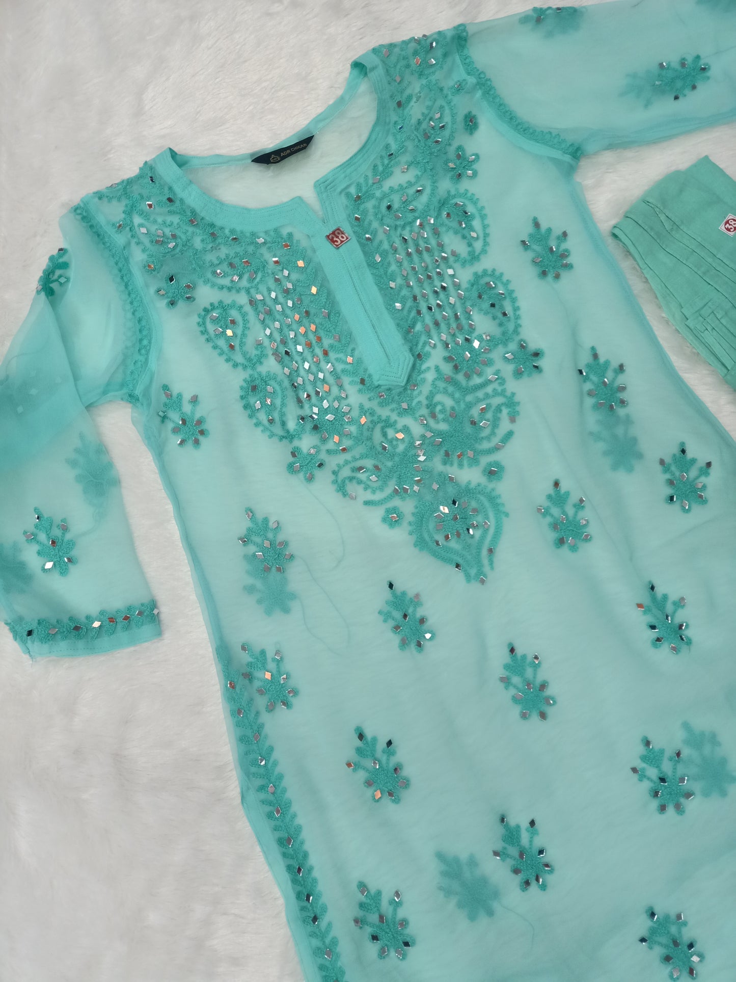 "ADR CHIKAN Aradhana Real Mirror Work Aari Chikankari Levendra Color Long Kurta with Matching Camisole (Inner)"