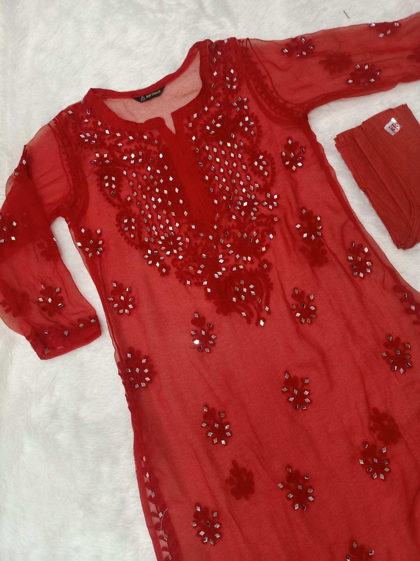 "ADR CHIKAN Aradhana Real Mirror Work Aari Chikankari Long Kurta with Matching Camisole (Color Chart Available)"