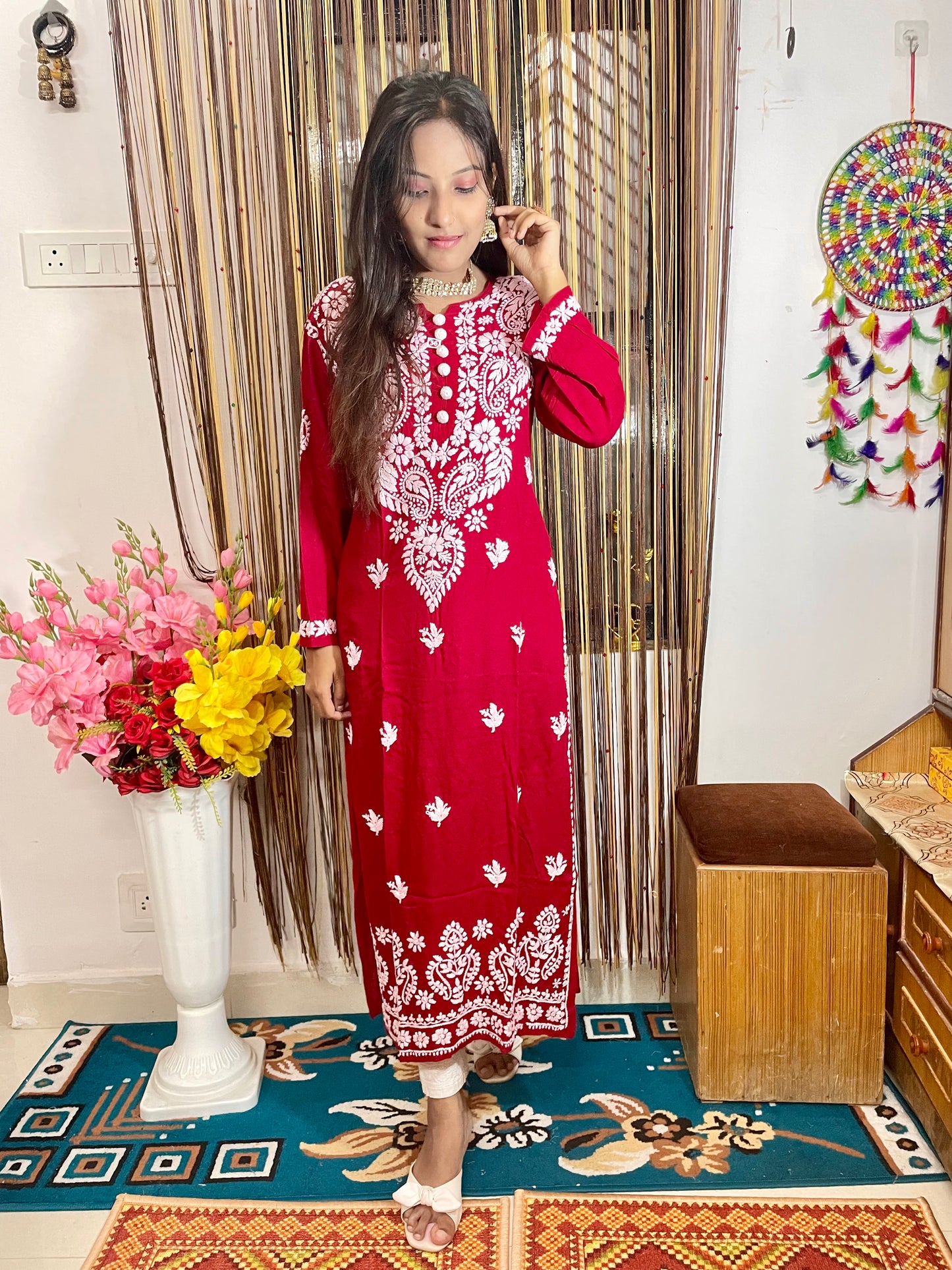 Lucknowi Chikankari Handwork Celebrity Collection – Heavy Rayon (Modal) Long Kurti by ADR Chikan
