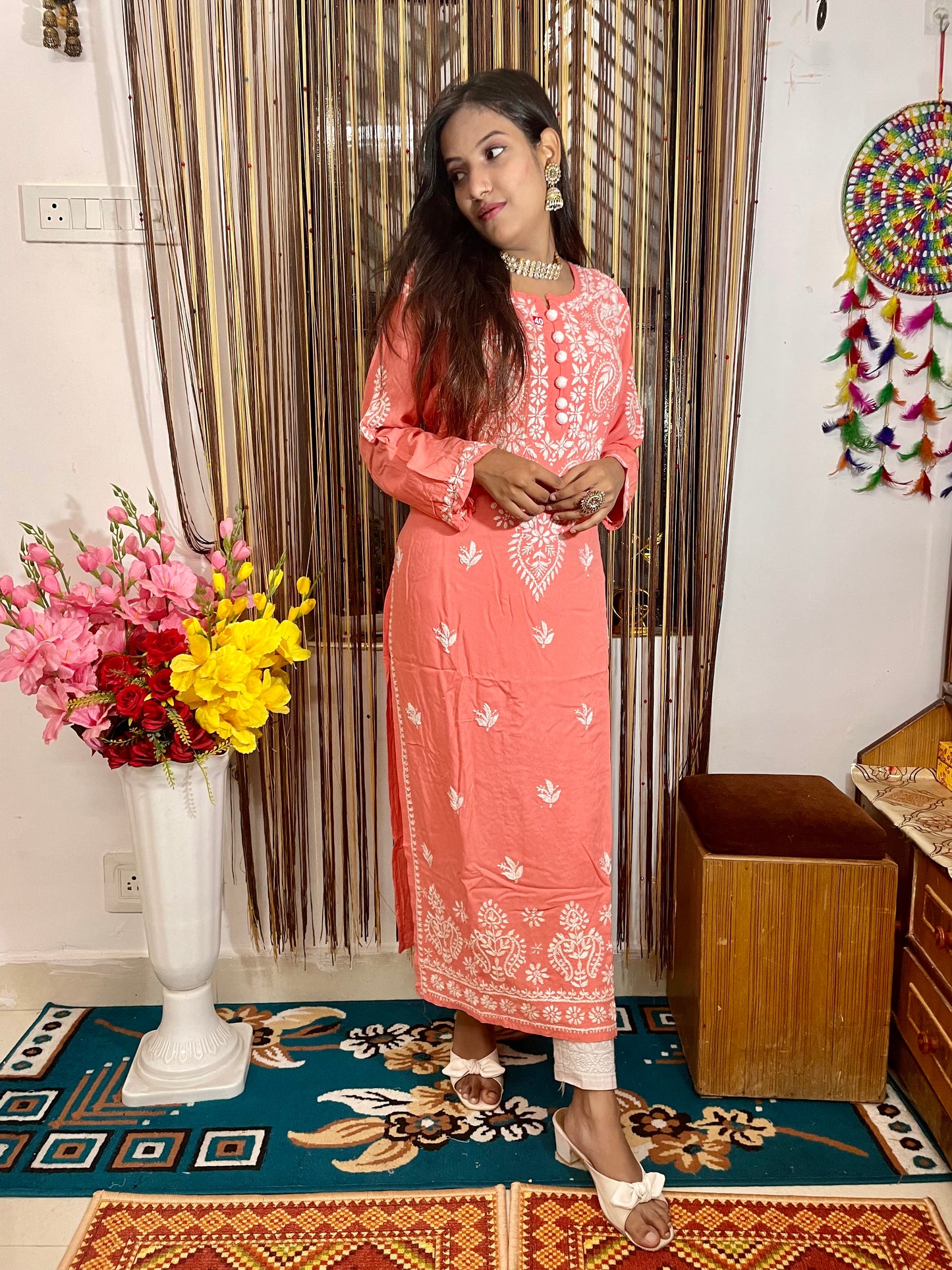 Lucknowi Chikankari Handwork Celebrity Collection – Heavy Rayon (Modal) Long Kurti by ADR Chikan