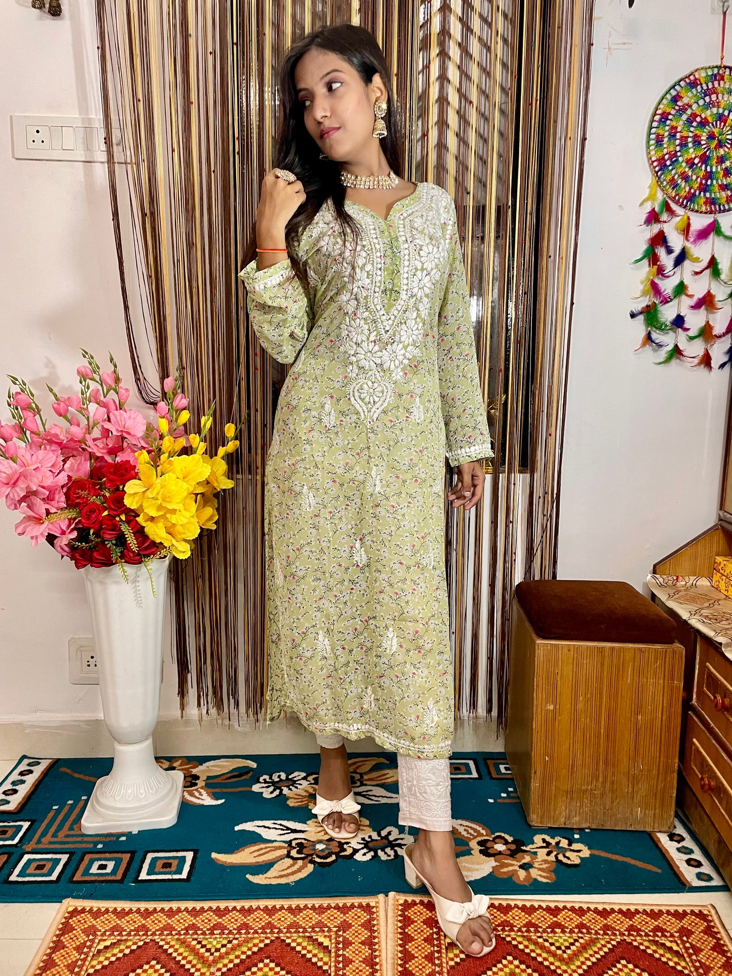 Lucknowi Chikankari Handcrafted Printed Fox Georgette Kurti | ADR Chikan