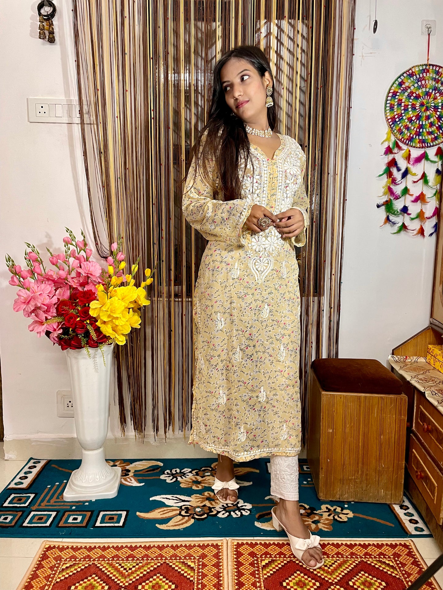 Lucknowi Chikankari Handcrafted Printed Fox Georgette Kurti | ADR Chikan