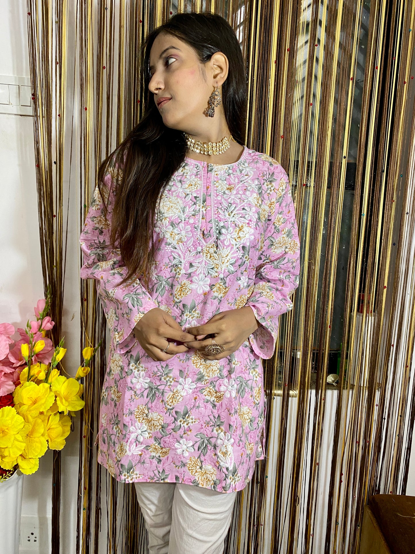 "ADR CHIKAN Embroidered Printed Cotton Lucknowi Chikankari Short Kurti"