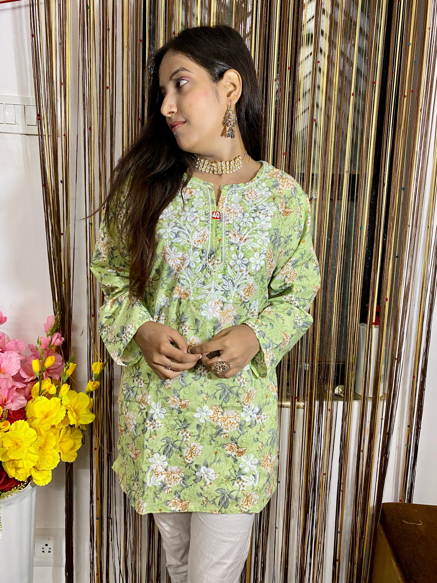 "ADR CHIKAN Embroidered Printed Cotton Lucknowi Chikankari Short Kurti"
