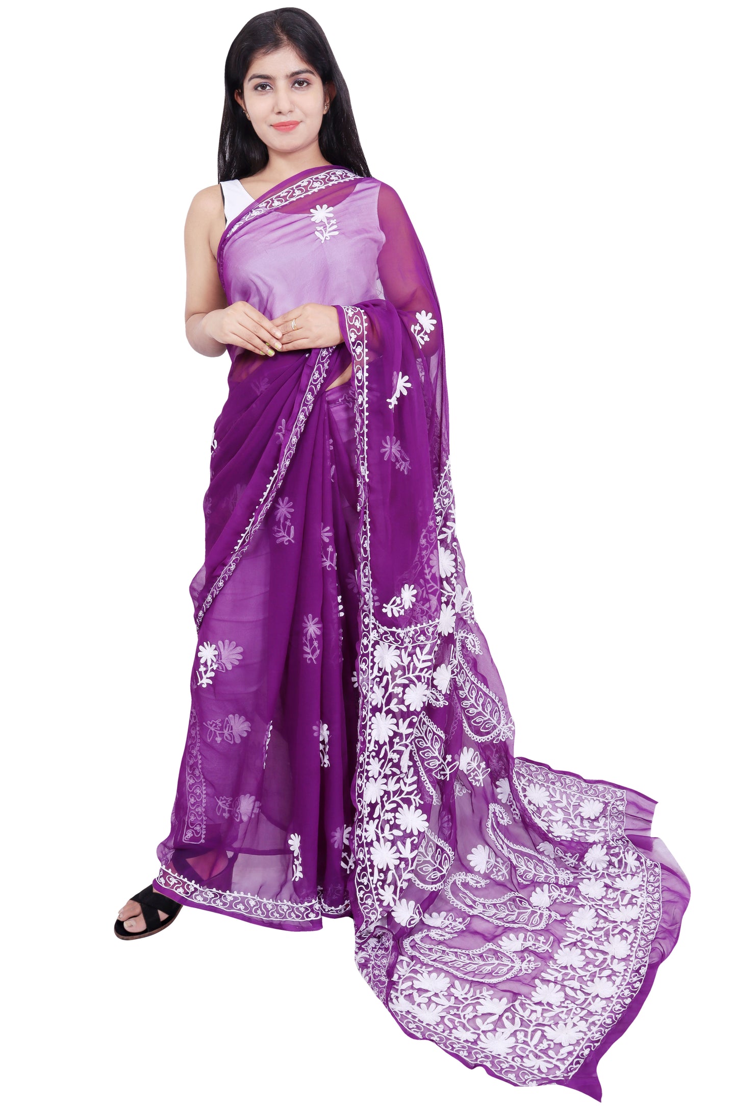 LUCKNOWI CHIKANKARI AARI WORK PALLU SAREE