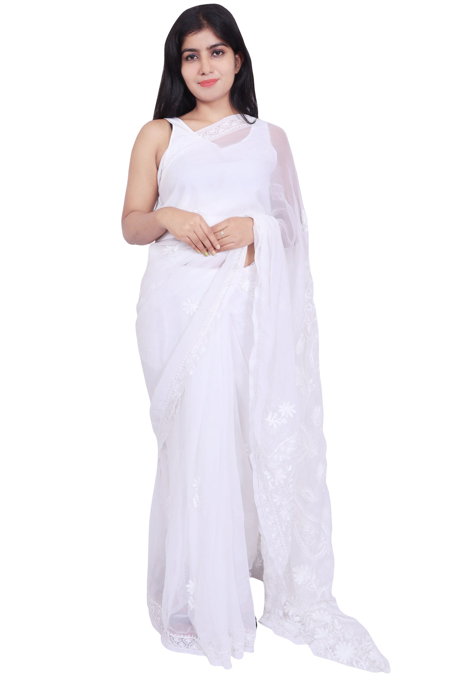 LUCKNOWI CHIKANKARI AARI WORK PALLU SAREE