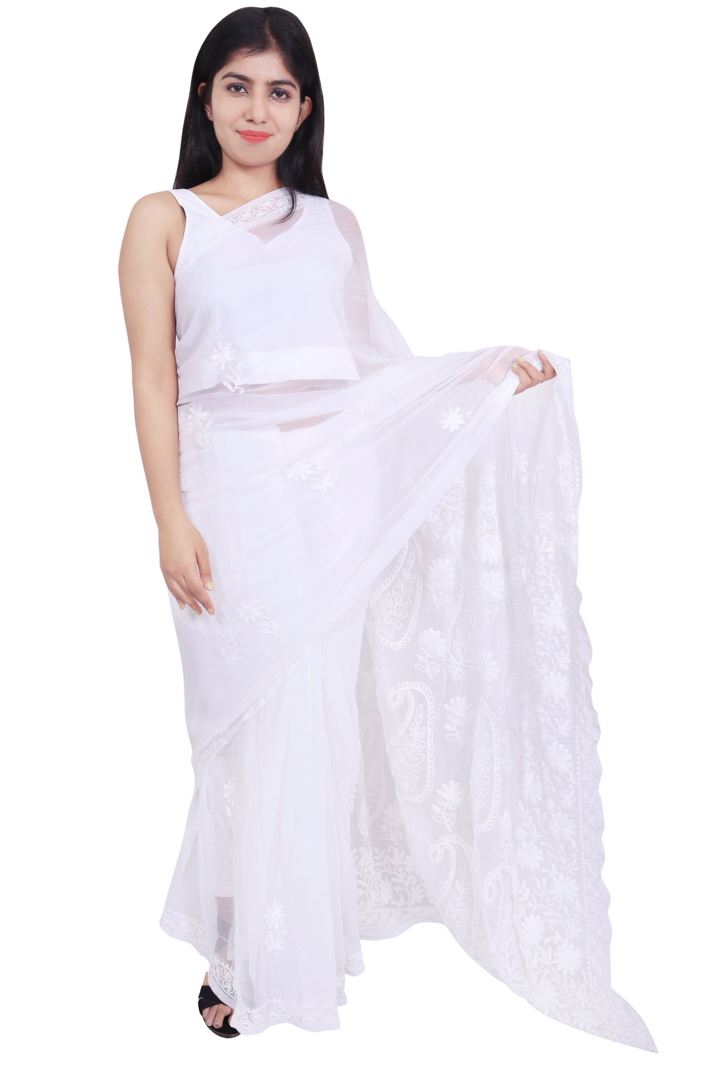 LUCKNOWI CHIKANKARI AARI WORK PALLU SAREE