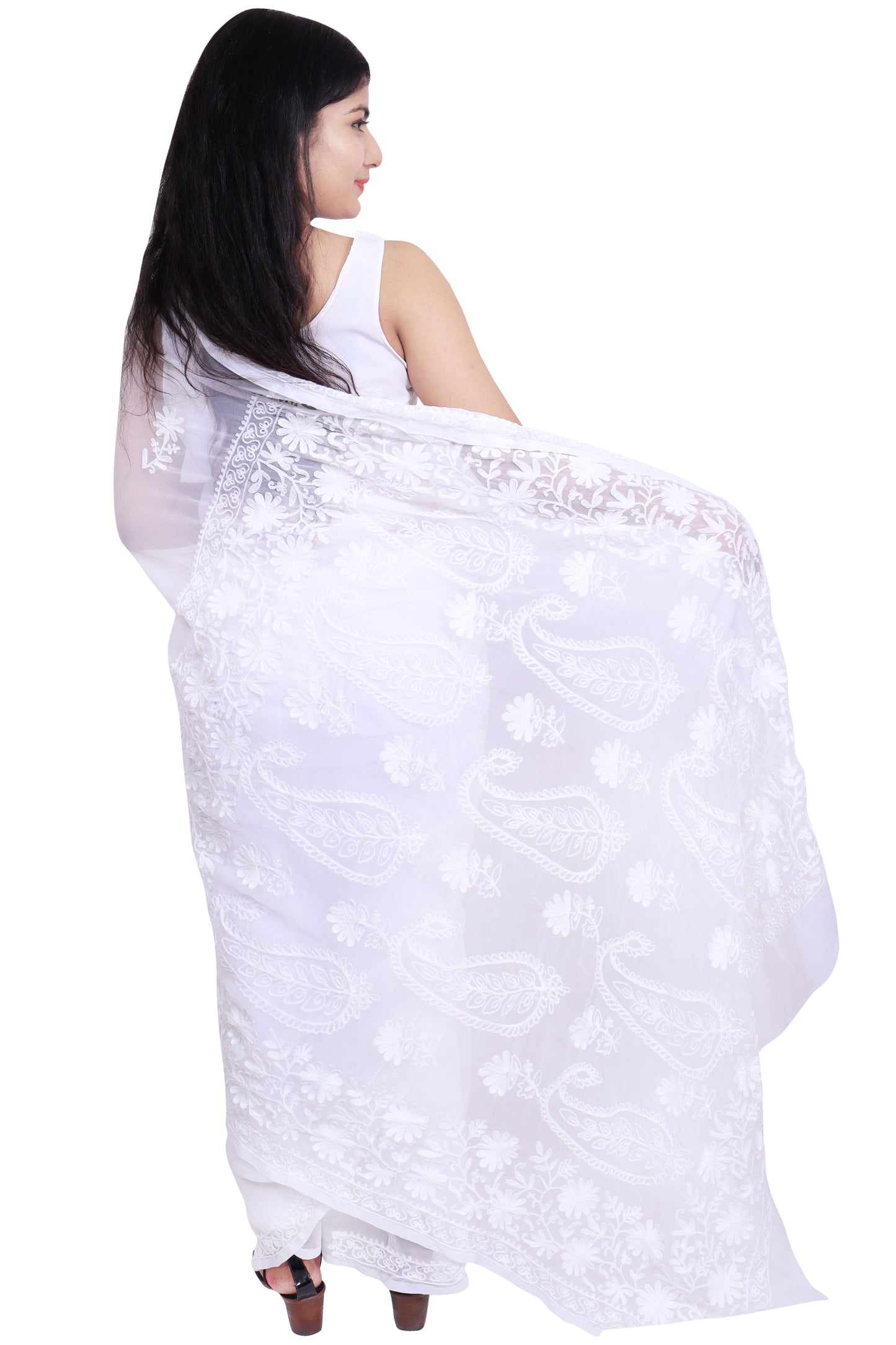 LUCKNOWI CHIKANKARI AARI WORK PALLU SAREE
