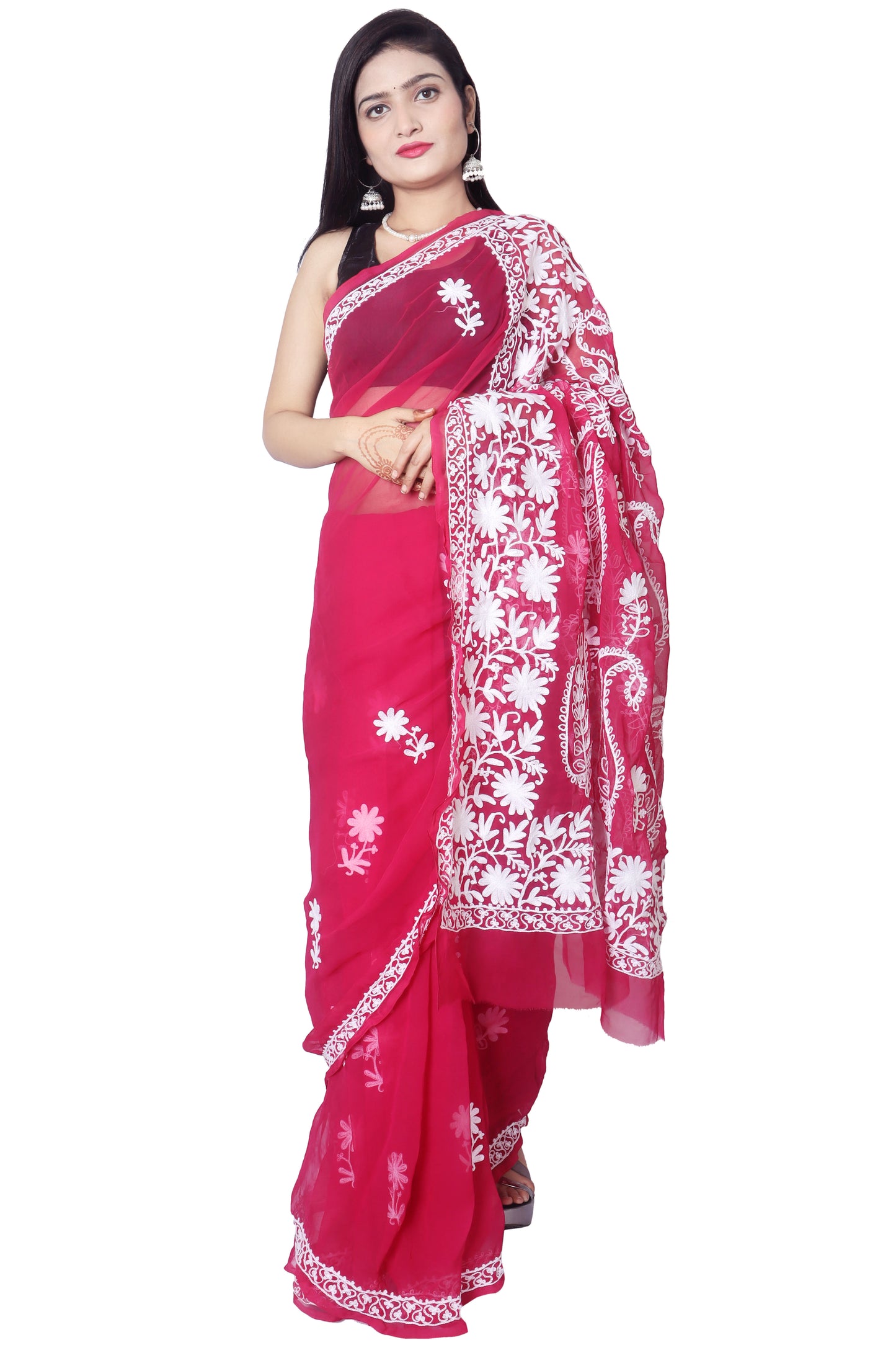 LUCKNOWI CHIKANKARI AARI WORK PALLU SAREE