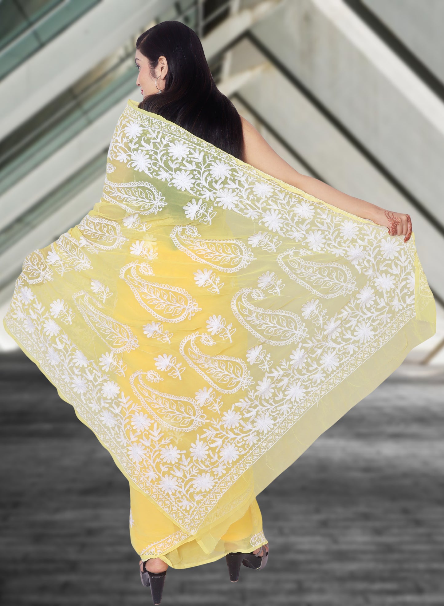 LUCKNOWI CHIKANKARI AARI WORK PALLU SAREE