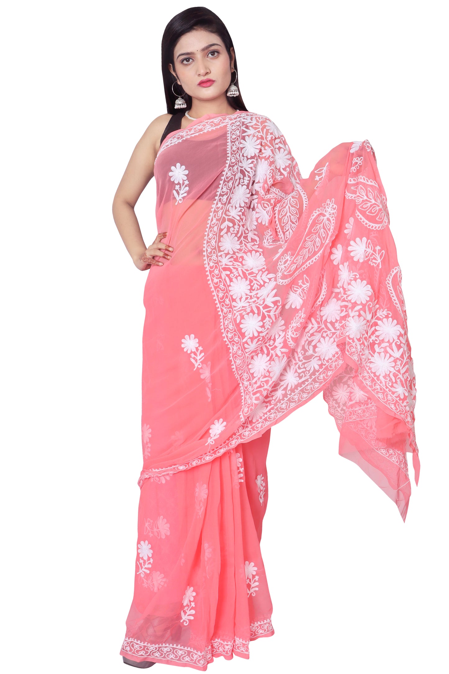 LUCKNOWI CHIKANKARI AARI WORK PALLU SAREE